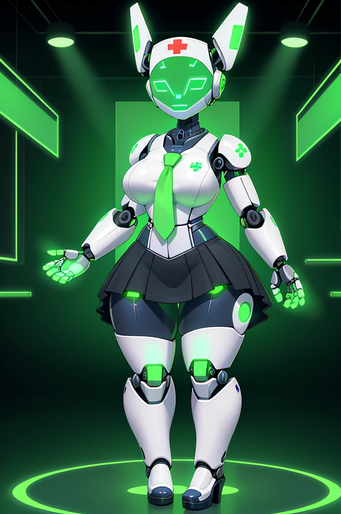 (masterpiece) (high Res), (((robot))), (Perfect face), (perfect anatomy), robot woman with a robotic head, in super tight clothes, (nurse suit), (white mini skirt), white shirt, tie, happy, ((glowing green screen face)), big breast, narrow mechanical waist, wide hips, thick thighs, metal body, black high heels, (robot girl), ((solo)), ((alone))