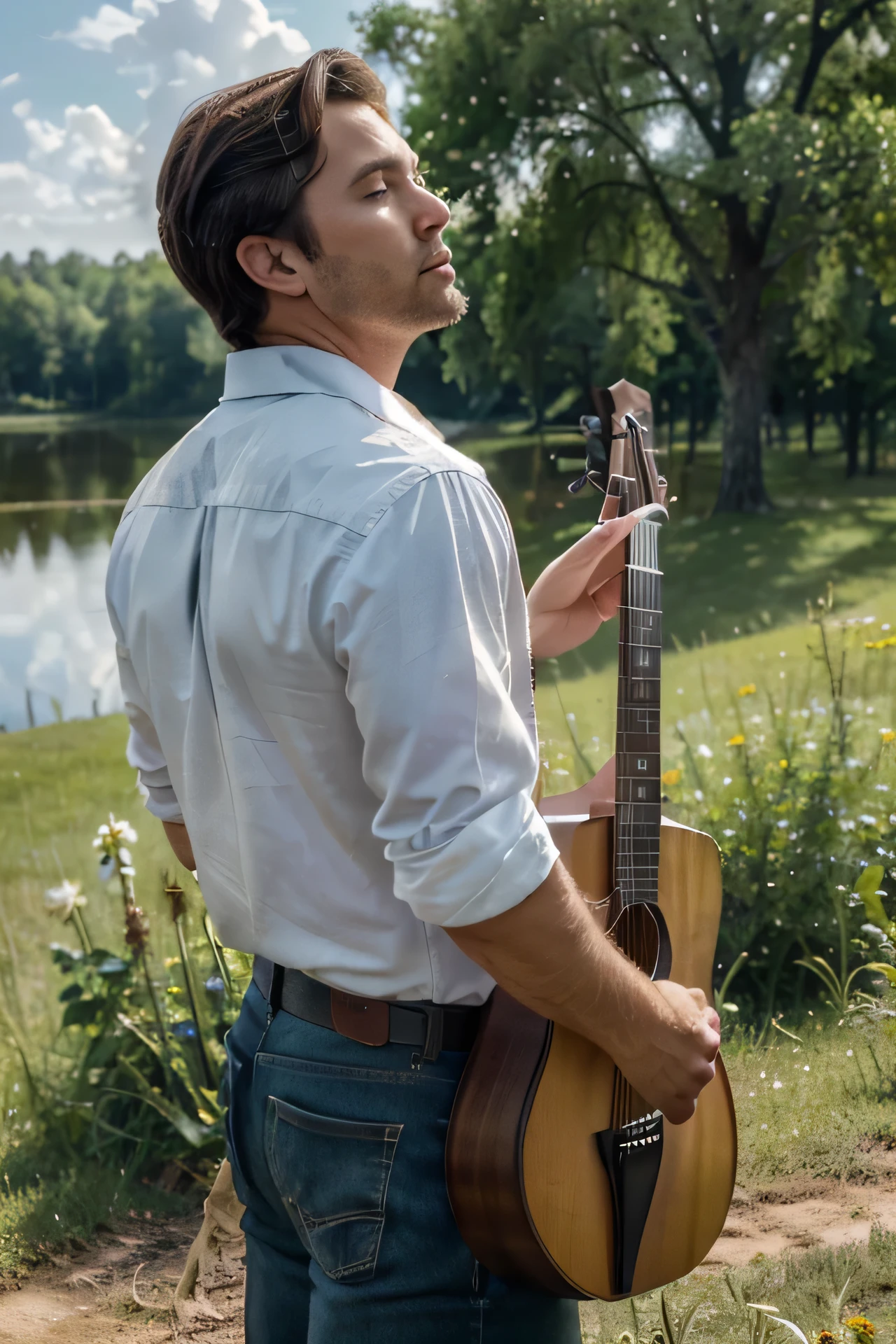 (best quality:1.1),(masterpiece:1.21),(highres:1.1),(extremely detailed 8K wallpaper:1.1),(panorama:1.5),outdoors,(imid shot:0.95),(imid shot,macro shot:1.25), A country music singer dressed as a cowboy. He stands facing the horizon and back towards camera, with short curly hair cascading down his back, playing a guitar. He is positioned beside a serene lake, surrounded by lush green trees and colorful wildflowers. He is facing the lake. The sky above is a clear blue with patchy white clouds. The image should have a warm, nostalgic atmosphere, capturing the essence of country music.