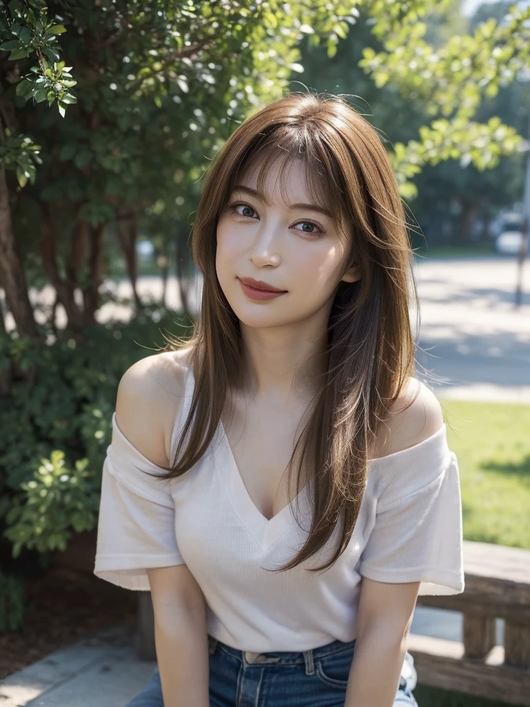 One beautiful model , Instagram (photoRealistic, High resolution:1.4), ((Puffy eyes)), View your audience, , whole body (8k, RAW Photos, Highest quality, masterpiece:1.2), (Realistic, photo-Realistic:1.37),(Sharp focus:1.2), Professional Lighting, Photon Mapping, Radio City, Physically Based Rendering, (Realistic skin:1.2),( ), View your audience, (Medium Hair:1.5),, Purple eyes, (Silver Hair:1.1),bangs, (Park Background:1.4), alone, Realistic,(masterpiece:1.4),(Highest quality:1.4),(Glowing Skin),Stylish girl,Compensate,smile(skinny,Mouth closed,shy :1.3) , shoulder,Full Color:1.1),whole bodyショット,T-Shirts ,jeans,Medium Bust, Photo session,information