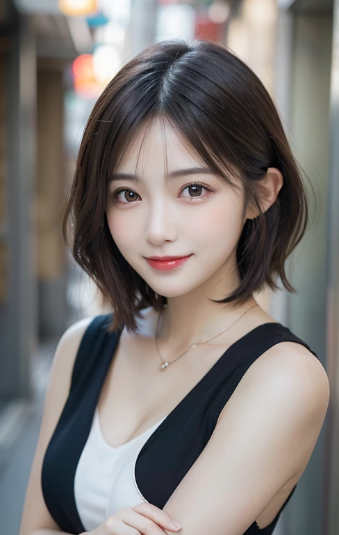 (masutepiece, Best Quality, Illustration, Ultra-detailed, finely detail, high resolution, 8K Wallpaper, Perfect dynamic composition, Beautiful detailed eyes, Women's Fashion,bob hair,Very short hair,Small bosom, natural color lip, Bold sexy poses,Smile,Harajuku、20 years girl、Cute、Sexy shot looking at camera, dimples)