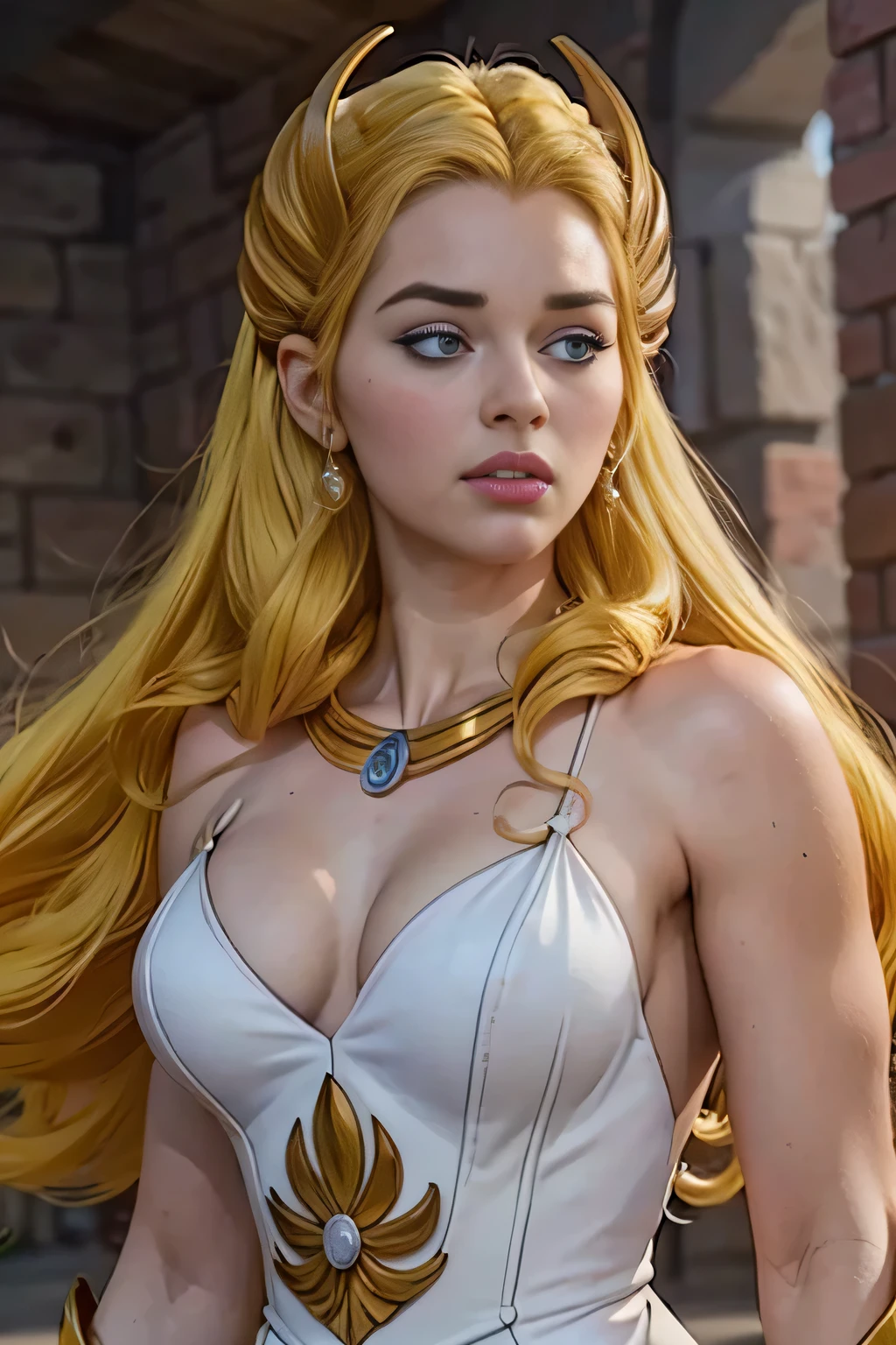 score_9, score_8_above, score_7_above, score_6_above, score_5_above, 1 girl, she-ra, Game of Thrones, fitted white dress, by rubio, blue eyes, (incredibly detailed, beautiful detailed face, masterpiece, Best Quality) 