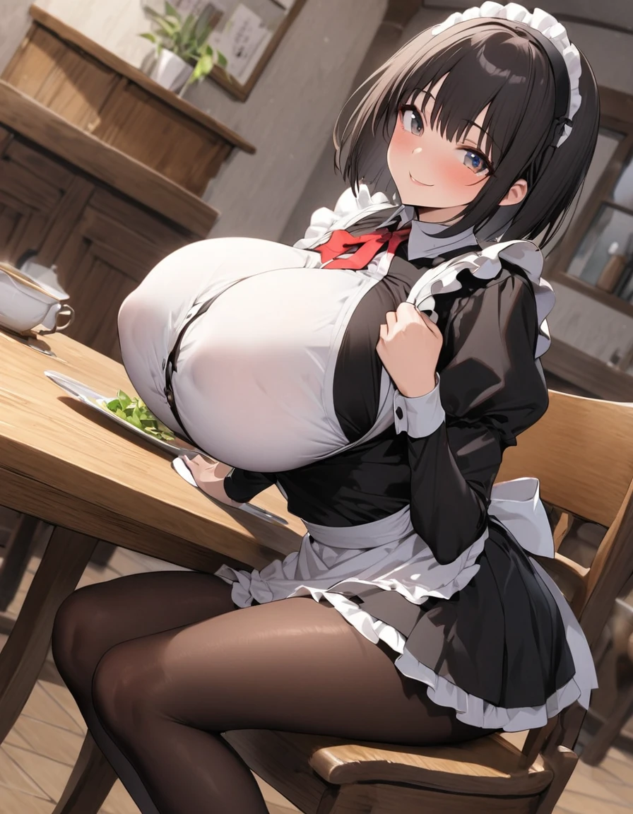 One Woman、beautiful girl、Maid、20-year-old、Bobcut、Western-style building、Maidの制服、Maidカチューシャ、Short skirt、Black Pantyhose、Highest quality, smile,Big Breasts、Very big boobs、Put your on the table、 sinking into the table、Put your boobs on the table、Bust up angle、Place breasts on table、Put your boobs on the table、Place your chest on the table、Poses that emphasize the breasts、Sit on a chair、Put your  on the table