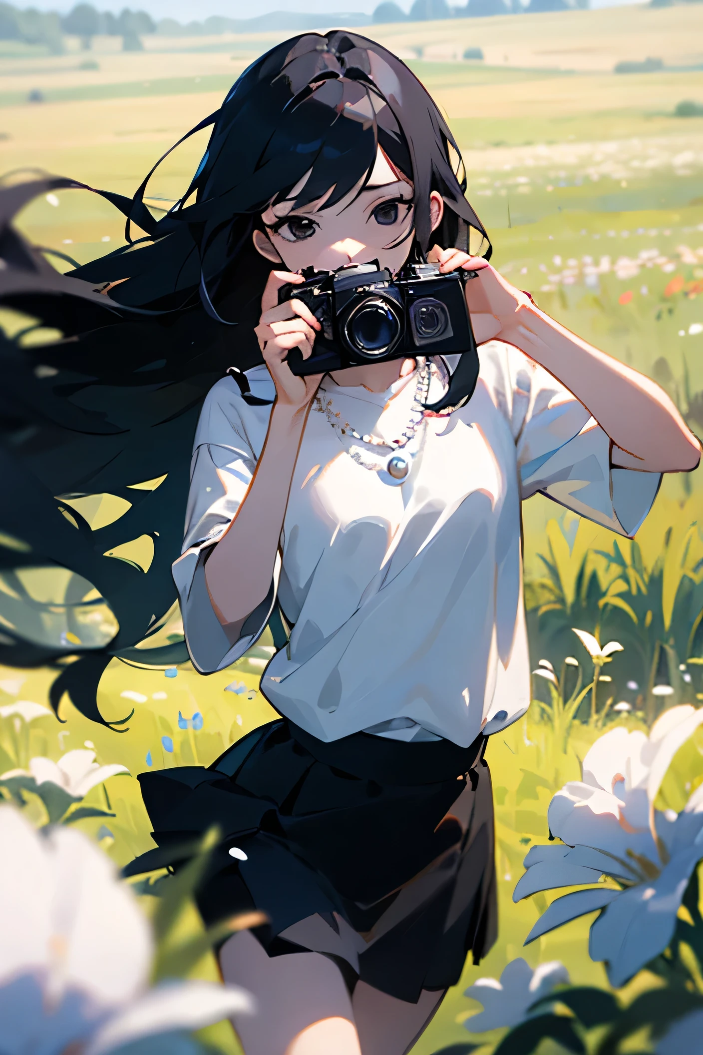Long black hair girl, shiny black eyes, White skin, In his hands he has a camera that he holds close to his face and he is taking a photo of someone in front of him and in the background there is a meadow., she dressed in a short black skirt, a purple top and a pearl necklace on her neck, his amazed face looking at someone with love