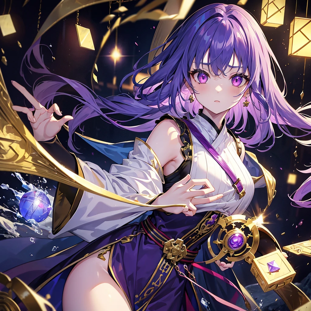 8k, Highest quality, (Real:1.4), Original photo, 1 girl,  Ancient Relics, Mystical robes, posture: Harness ancient powers to face great evil, Glowing purple eyes、From a doll to a human
