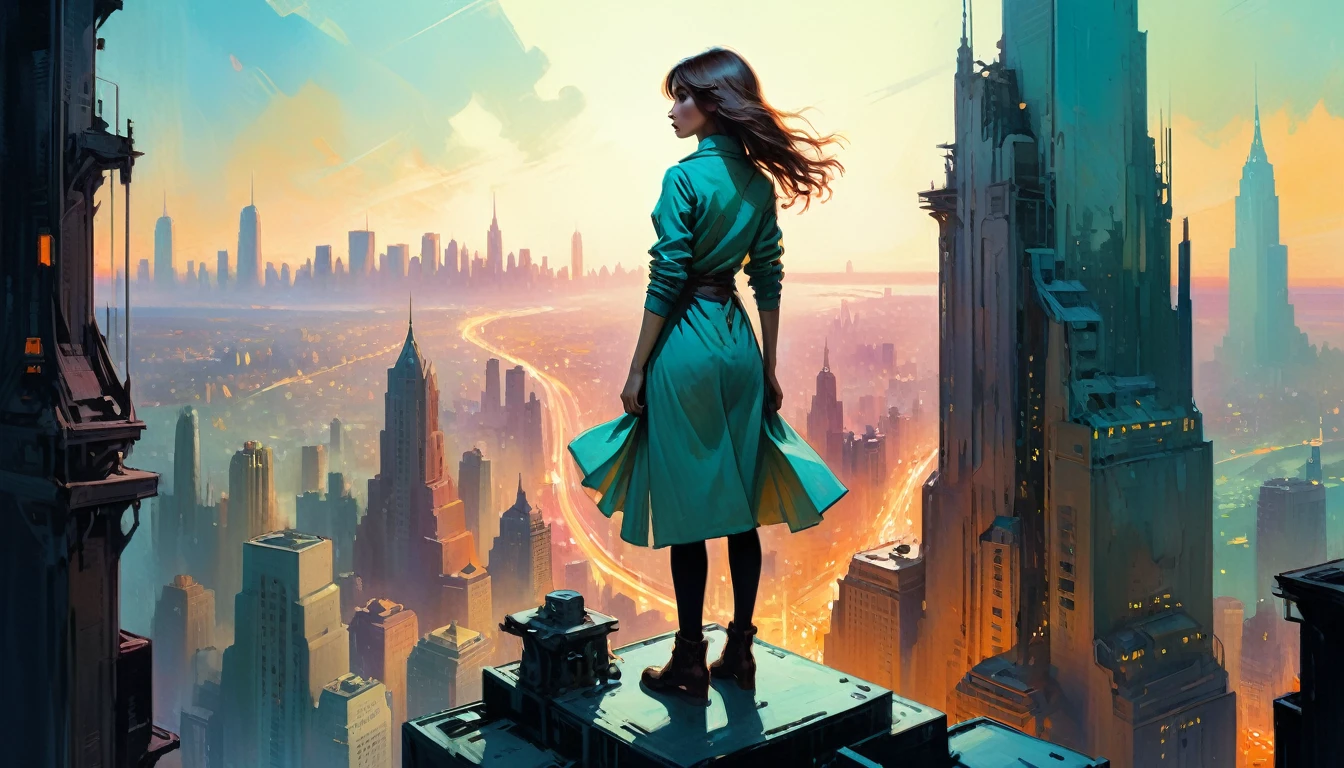 A person stands on top of a skyscraper, While looking at the cityscape spreading out below, Ashley Wood Art AI,, Neon pastels, saturated color, Sharp focus, ArtJam、Greg Rutkowski、Art by Alphonse Mucha 