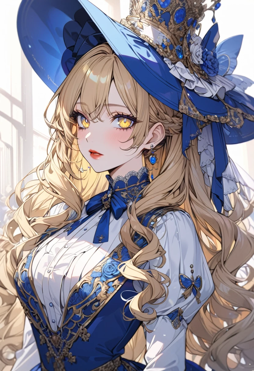 anime girl, blonde hair, yellow eyes, blue elegant hat, blue and white victorian dress, ultra detailed eyes, Ultra detailed lips, ultra detailed, beautiful, , elegant, bright colors.