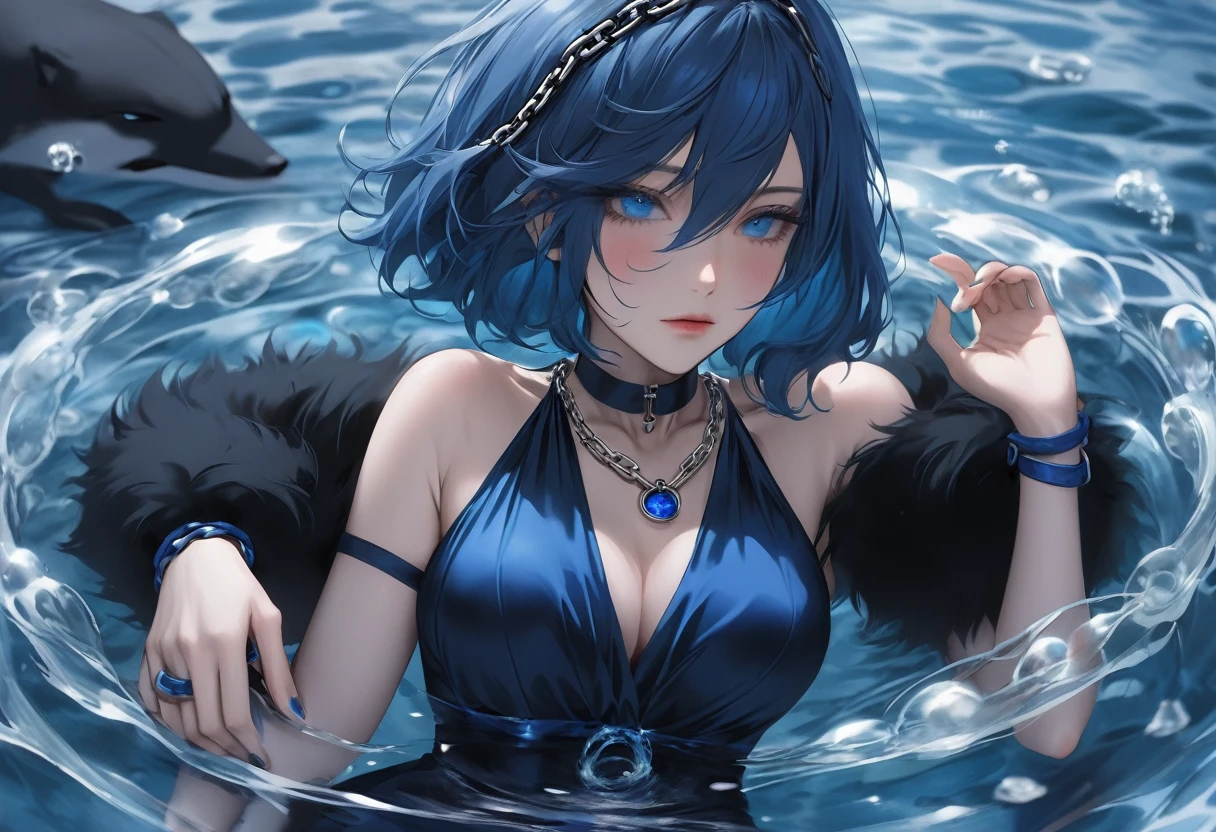 Scenery under the sea , , dark blue, and short light blue hair, mourning ,floating, water chain links bind your wrists, blue fur, blue dress. Hands chained, liquid water handles. aile