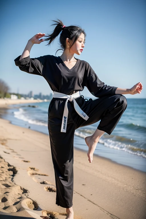 Teenage girl with ponytail practices karate on a deserted beach