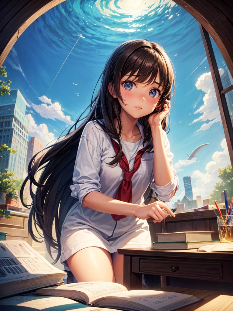 Girl with medium brown, straight hair, Pixar style, studying sciences, mathematics, etc.