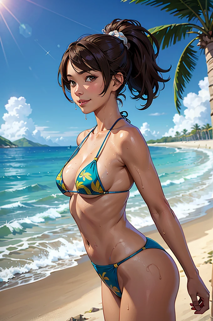 ((highest quality, masterpiece, High resolution)), ((reality)),Photos of beautiful Japanese women,((anime art))、 (((1 girl))), normal size breasts, slim body shape, ponytail,double eyelid, Wet see-through micro bikini,  A pareo with bold ethnic patterns and plenty of primary colors、(Brown skin:1.4),realistic skin、Wet,whole body,cinematic light、tropical、Against the background of palm trees on both sides、on a sunny beach、With the sea in the background、blur background、smile