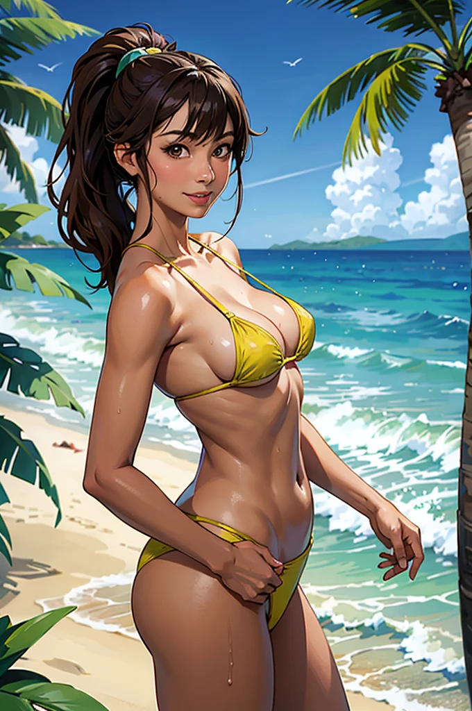 ((highest quality, masterpiece, High resolution)), ((reality)),Photos of beautiful Japanese women,((anime art))、 (((1 girl))), normal size breasts, slim body shape, ponytail,double eyelid, Wet see-through micro bikini, A pareo with bold ethnic patterns and plenty of primary colors、(Brown skin:1.4),realistic skin、Wet,whole body,cinematic light、tropical、Against the background of palm trees on both sides、on a sunny beach、With the sea in the background、blur background、smile