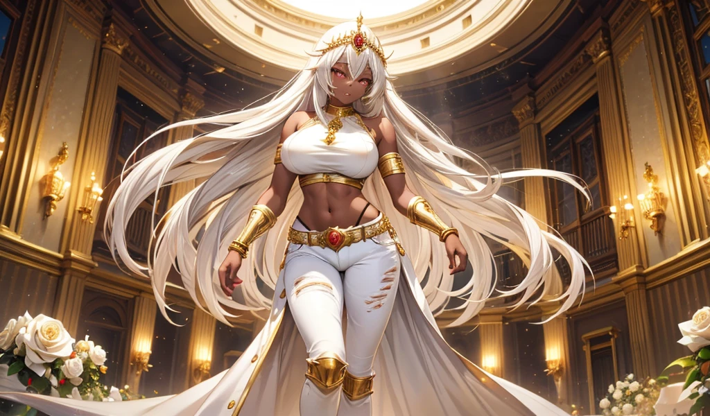 Dark-skinned adult woman with long white hair, huge breasts，White eyes and red pupils，gold tiara，gold bracelet，gold anklet，White sleeveless shirt，Bare waist，jeans，thigh，Sunlight，Standing，white rose garden