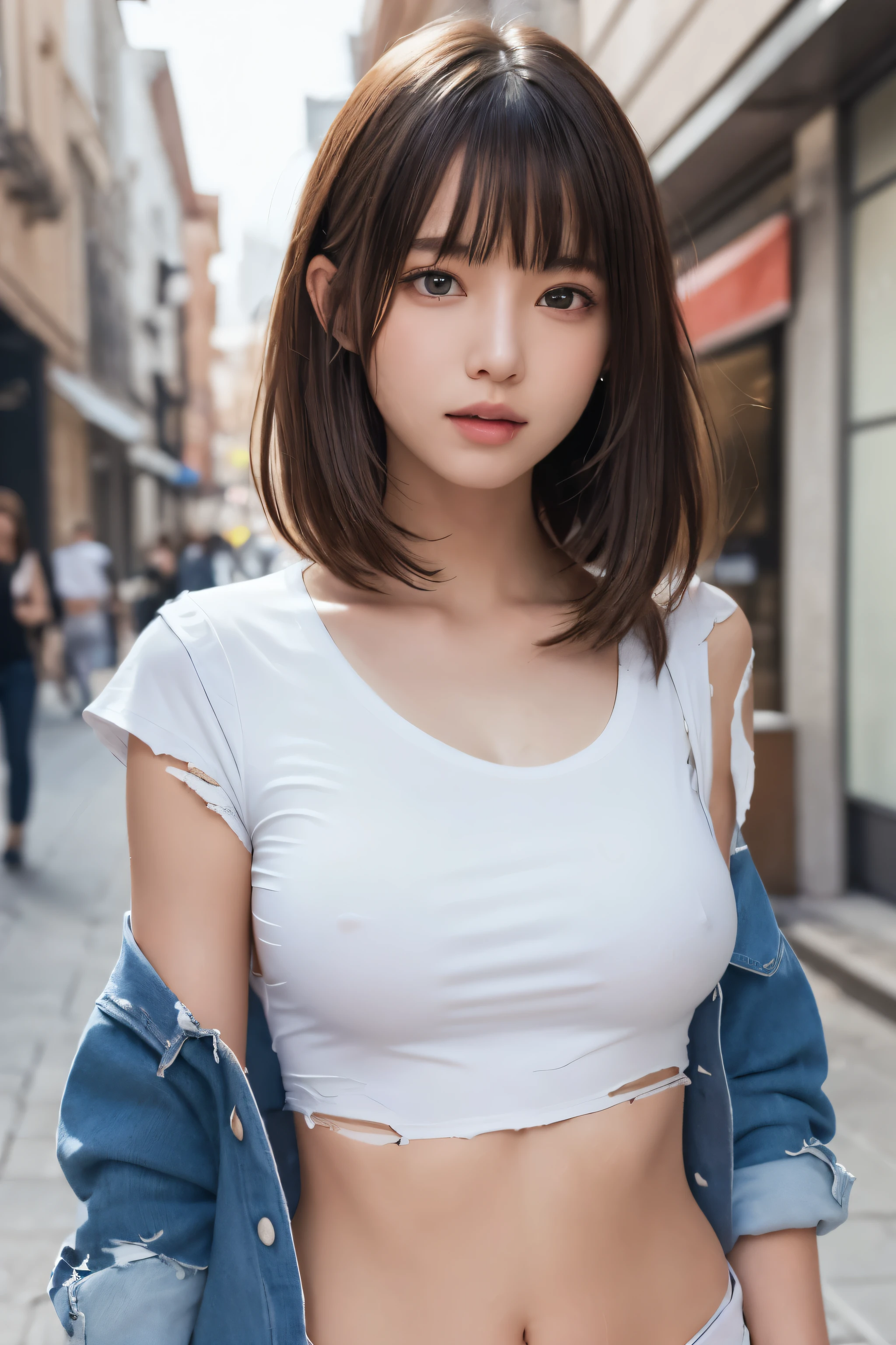 One Girl, (Beautiful girl, Delicate girl:1.3), (16 years old, Gal:1.3),
break, (Underbust, Side bust, A torn and damaged white T-shirt:1.5),
break, Very fine grain definition, (Symmetrical eyes:1.3),
break, (Street view:1.2),
break, Small breasts, Brown eyes, Parted bangs, Brown Hair,  Girls,
break, (Eye and facial details:1.0),
break, (masterpiece, Highest quality, Super detailed, Detailed face, 8k)