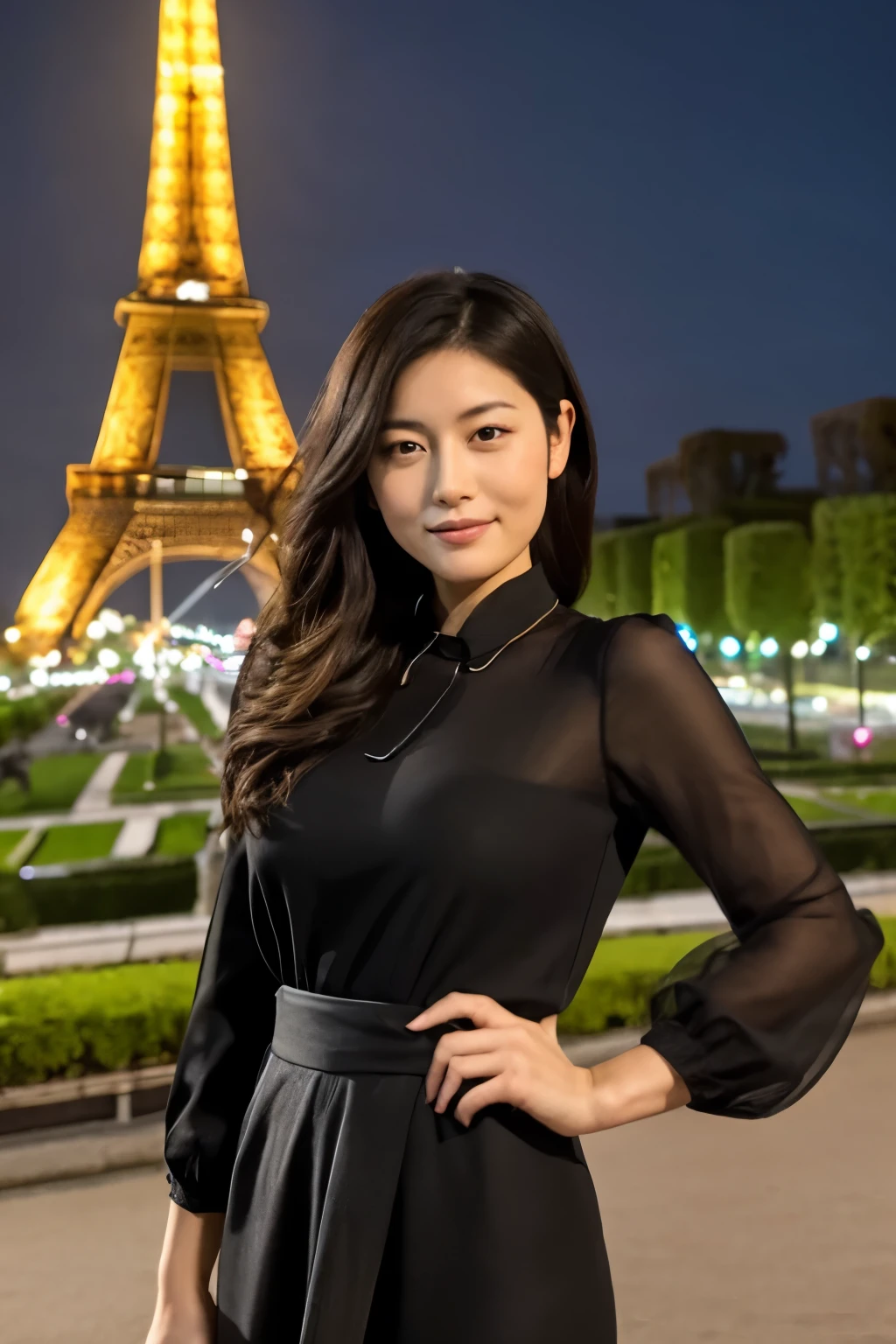 Masterpiece, High-quality, high resolution, 8K, a skinny Japanese woman, 30 years old, standing in front of the Eiffel Tower at night, dressed elegantly, with long, flowing hair and a sophisticated outfit that complements the romantic ambiance of Paris at night, a serene and graceful expression, detailed face, detailed eyes, The Eiffel Tower is illuminated by lights, creating a stunning and iconic backdrop. The background should include the softly glowing lights of the Eiffel Tower, as well as the night sky and surrounding city lights.