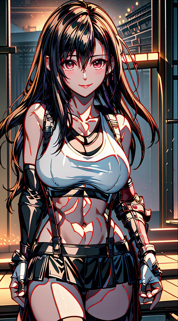 (8k、highest quality、MASTERPIECE:1.2)、(photorealistic:1.3 of 7)、Super Detailed、girl 1 person、mature、solo、(Tifa Lockheart)、(big chest)、(((huge lift clothes to show bra)))、(((black bra)))、(beautiful eyes)、(smiling:1.2)、(Closed)、erotic pose、dance、neons、street scenery、Depth Of Field、Dark and strong shadows、Sharp focus、auto、motion blur、bike、Depth Of Field、composition、Glowing green light、Final Fantasy VII, (nose blush)、Single Elbow Pad、Ankle Boots、dark black hair、toned thighs、red boots、Elbow Gloves、Elbow pads、Fingerless Gloves、Taut Shirt、sports bra、(suspenders), (Black Skirt)、thights、white tank top、All over body、head rest、Lips、Facial、Low Tai Long Hair、(red_Ojo)、Yellow flowers、(night:1.3)、Complex、Bokeh、Cinematic Lighting、Photon mapping、Radiosity、physically based rendering、(Tetsuya Nomura Style)、NSFW、Perfect Breasts
