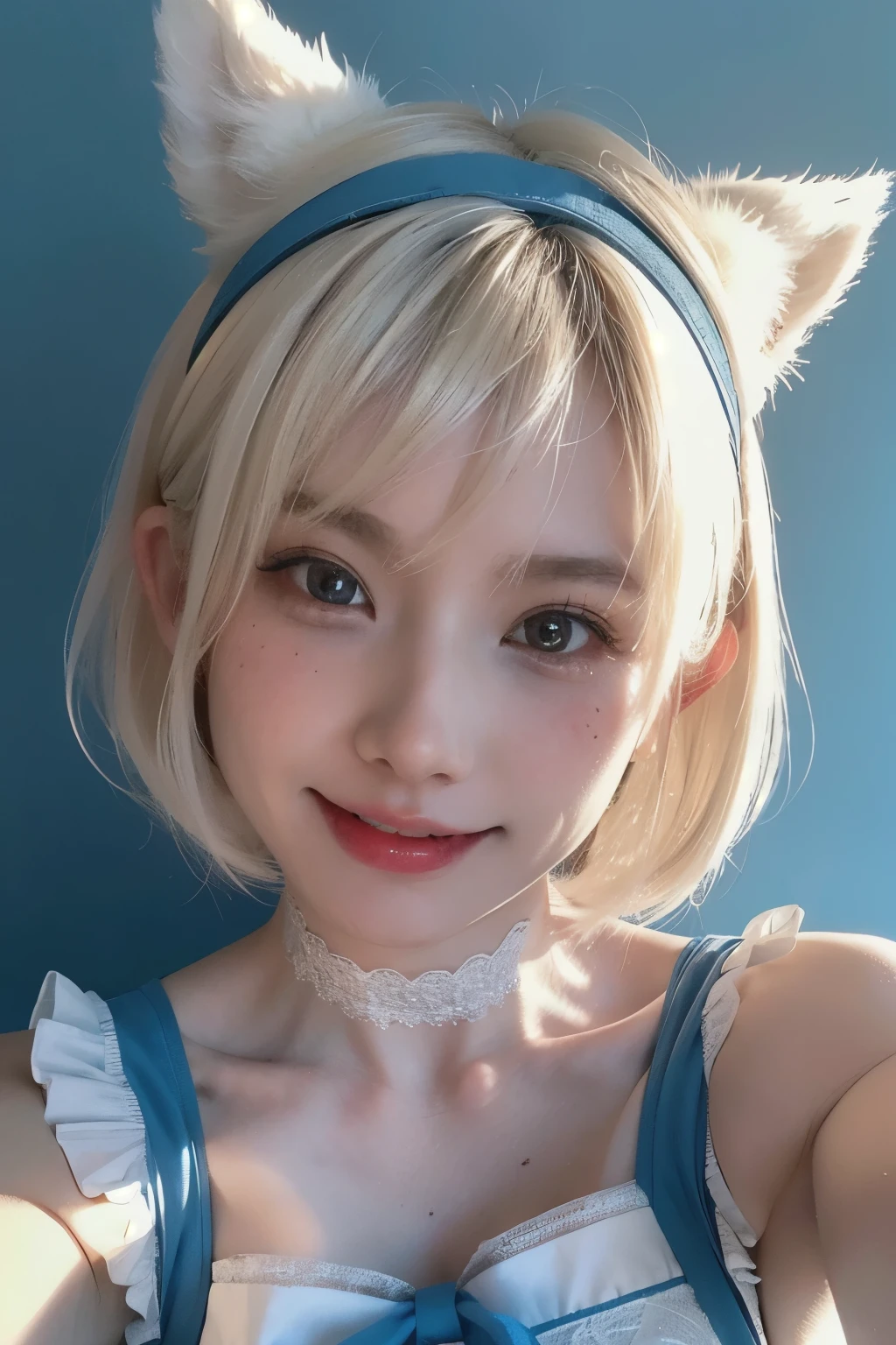 RAW Photo, (8k), (Best Quality: 1.2), (Real), (Real: 1.37), Ultra High Resolution, Young Woman, White Blonde Bob Hair, A young woman is wearing a blue and white maid outfit with lace details and ribbons. She has a blue headband with cat ears and white and purple accessories, and is taking a selfie. The background is a light-colored wall, and she has a cute, slightly blushing expression. Half Korean and half Japanese, 60% Korean, 18 years old, cute, smiling, closed mouth, thick lips, red lips, freckled face, aquiline nose,