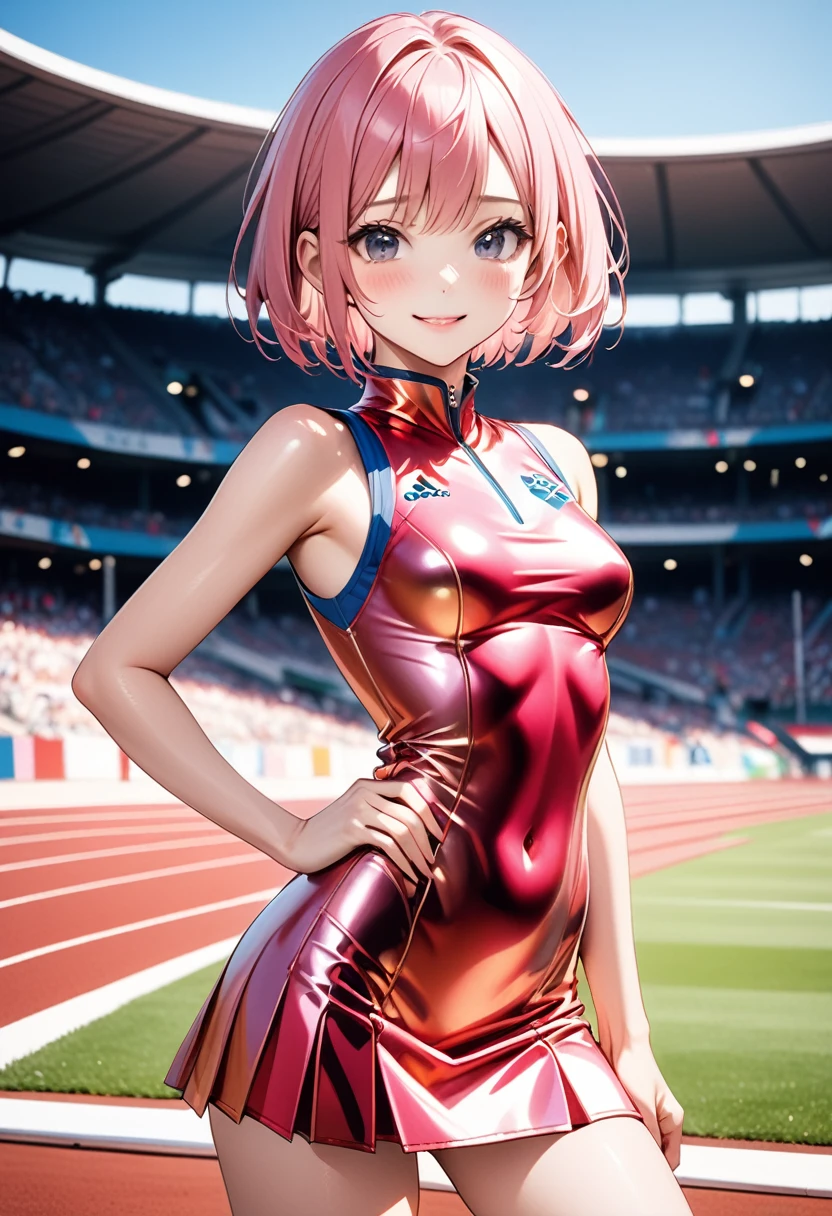 Female Olympians,(((Athletes' Metallic uniforms), (skirt))), (Navel), skindentation, skinny, solo, 1 woman, Masterpiece, highest quality, highest quality, 16K, incredibly absurd, highly detailed, 2.5D, ai-generated, delicate and dynamic, very delicate facial expressions, delicate eye depiction, erotic, only sexy woman, ((A cute and kind face)), healthy figure, ((25-year-old woman)), 160cm tall, ((medium firm swaying bust)), medium breasts, (short hair), (pink hair:1.5), bob cut, black eye, blush, Sweat,Embarrassed,sexy, ((thin thighs)), (camel toe:0.7), (visible nipples:0.5), (Erect nipples,:0.7), shiny and lustrous, facing straight at viewer,  smile, ((Oily_skin)), ((erotic pose)), ((standing)), ((arm at side)), Athletics stadiums and Olympic venues on sunny days,