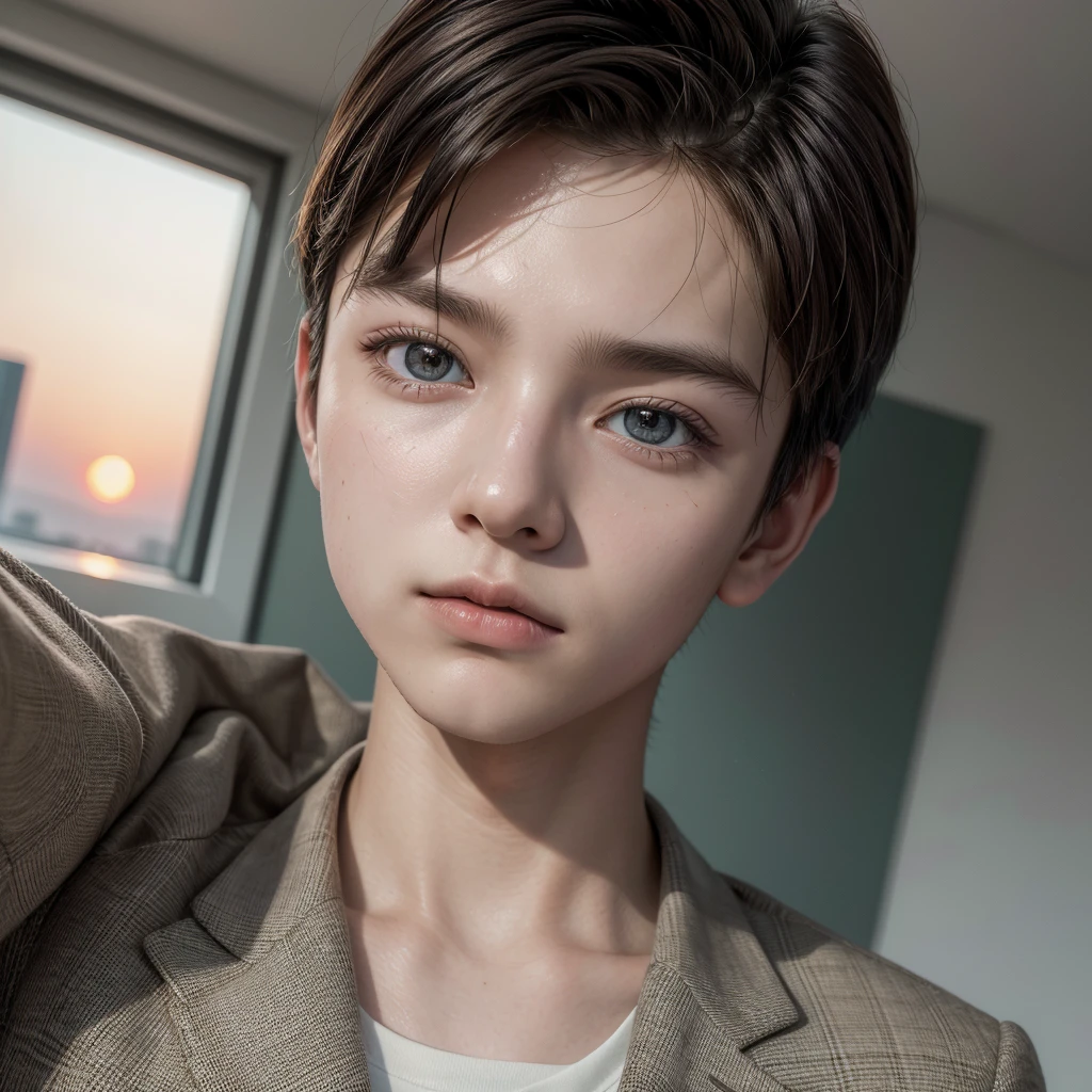 highest quallity, work of art, ultra-high resolution, (realisitic: 1.4), OriginalPhoto, wall-paper, Head Photo, Skinned, simple background, Iris, detailded, Selfie, 1 young boy, 18-years old, good looking, Tuuli,sunset、Suit