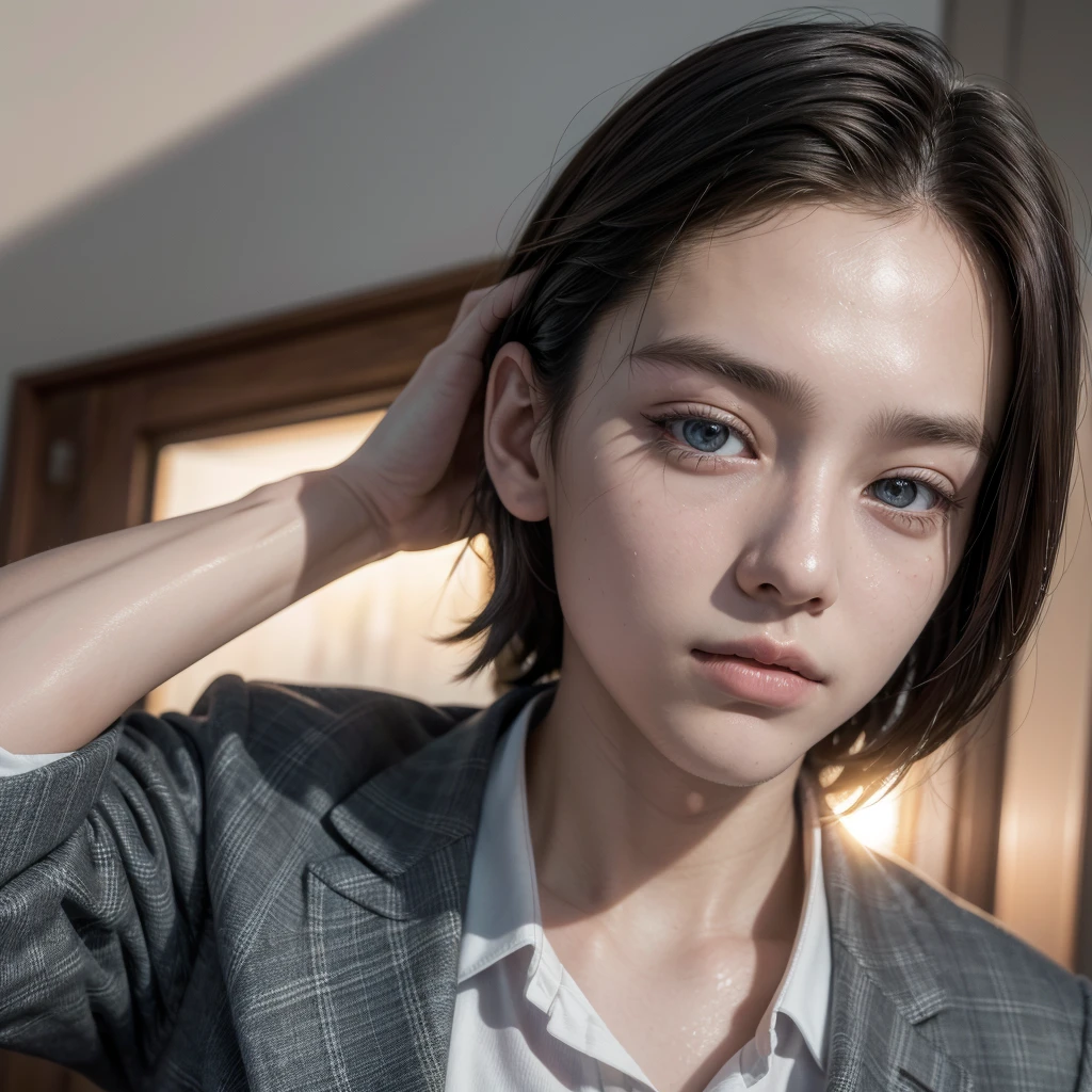 highest quallity, work of art, ultra-high resolution, (realisitic: 1.4), OriginalPhoto, wall-paper, Head Photo, Skinned, simple background, Iris, detailded, Selfie, ung boy, 18-years old, good looking, Tuuli,sunset、Suit
