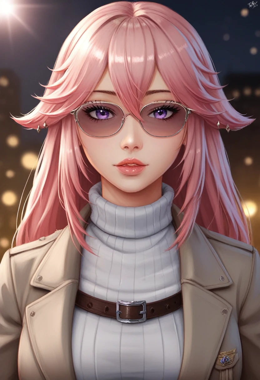 a beautiful detailed eyes, beautiful detailed lips, extremely detailed eyes and face, long eyelashes, 1 girl, fashionable pink trenchcoat, french beret, belt black pants, long hair, city background, pink hair, purple eyes, Yae Miko, trendy sunglasses, best quality, 4k, 8k, highres, masterpiece:1.2, ultra-detailed, realistic, photorealistic, photo-realistic:1.37, HDR, UHD, studio lighting, ultra-fine painting, sharp focus, physically-based rendering, extreme detail description, professional, vivid colors, bokeh, portraits, fantasy