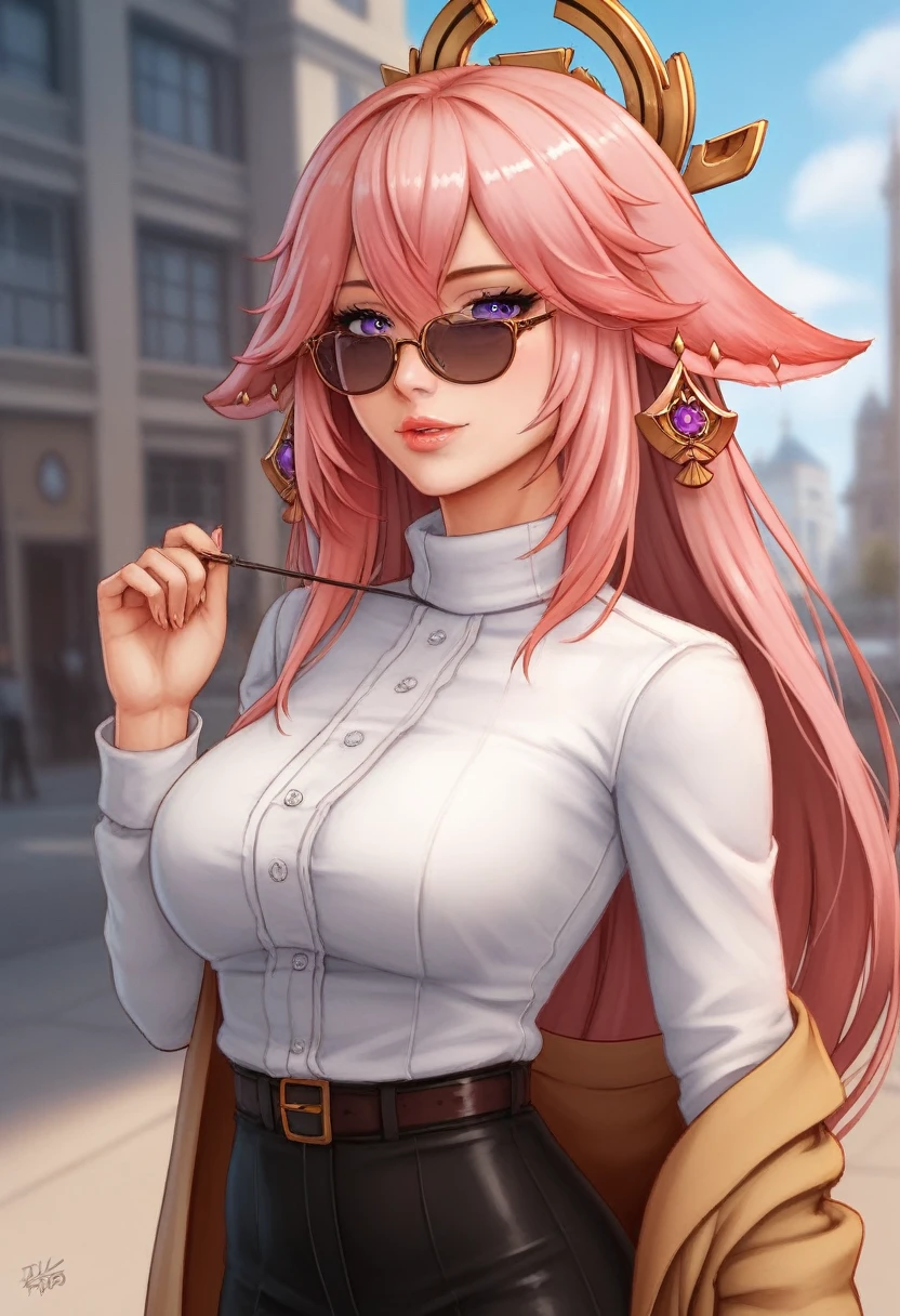 a beautiful detailed eyes, beautiful detailed lips, extremely detailed eyes and face, long eyelashes, 1 girl, fashionable pink trenchcoat, french beret, belt black pants, long hair, city background, pink hair, purple eyes, Yae Miko, trendy sunglasses, best quality, 4k, 8k, highres, masterpiece:1.2, ultra-detailed, realistic, photorealistic, photo-realistic:1.37, HDR, UHD, studio lighting, ultra-fine painting, sharp focus, physically-based rendering, extreme detail description, professional, vivid colors, bokeh, portraits, fantasy