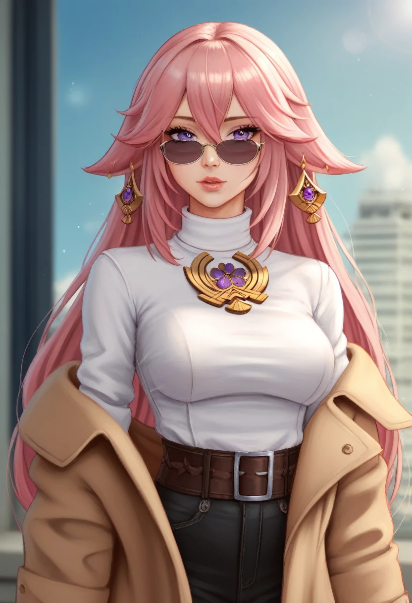 a beautiful detailed eyes, beautiful detailed lips, extremely detailed eyes and face, long eyelashes, 1 girl, fashionable pink trenchcoat, french beret, belt black pants, long hair, city background, pink hair, purple eyes, Yae Miko, trendy sunglasses, best quality, 4k, 8k, highres, masterpiece:1.2, ultra-detailed, realistic, photorealistic, photo-realistic:1.37, HDR, UHD, studio lighting, ultra-fine painting, sharp focus, physically-based rendering, extreme detail description, professional, vivid colors, bokeh, portraits, fantasy