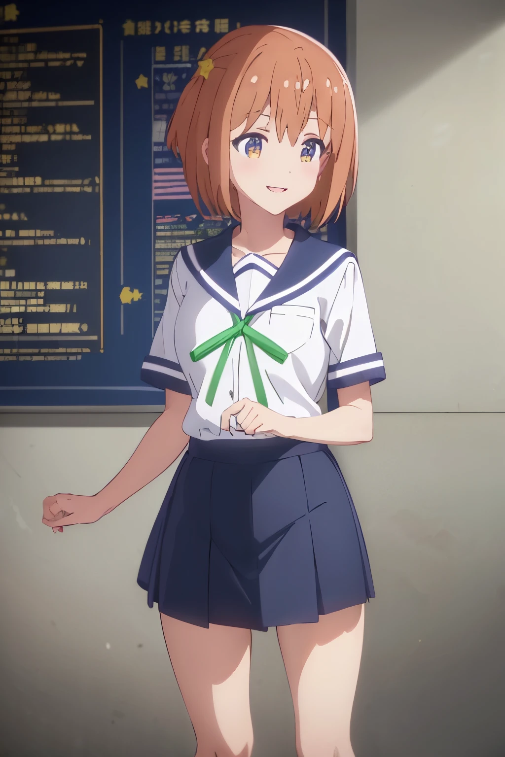 {Highest quality:1.5}, (masterpiece:1.3), High resolution, one person, one personの少女, is open_mouth, アニメ_Coloring, clavicle, White_Knee-high socks, looking at viewer, (Beautiful attention to detail:1.6), Highly detailed face, Highly detailed CG, (Perfect hands), flat chested, Slender, leggy, small breasts, glistening, (open legs:1.5), Sailor suit, Short sleeve_uniform, uniform, green_ribbon, Navy Blue_skirt, White_socks, White knee-high socks, brown_loafers, smile, joyful, big smile, happy smile, heartwarming smile, :d