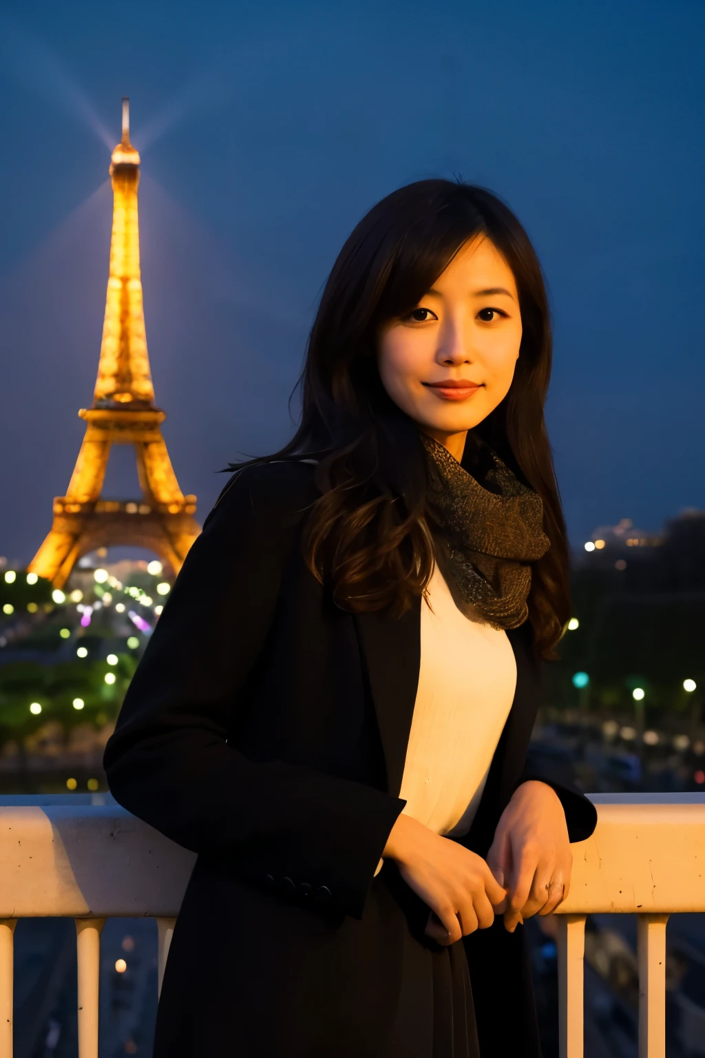 Masterpiece, High-quality, high resolution, 8K, a skinny Japanese woman, 30 years old, standing in front of the Eiffel Tower at night, dressed elegantly, with long, flowing hair and a sophisticated outfit that complements the romantic ambiance of Paris at night, a serene and graceful expression, detailed face, detailed eyes. The Eiffel Tower is illuminated by lights, creating a stunning and iconic backdrop. The background should include the softly glowing lights of the Eiffel Tower, as well as the night sky and surrounding city lights.