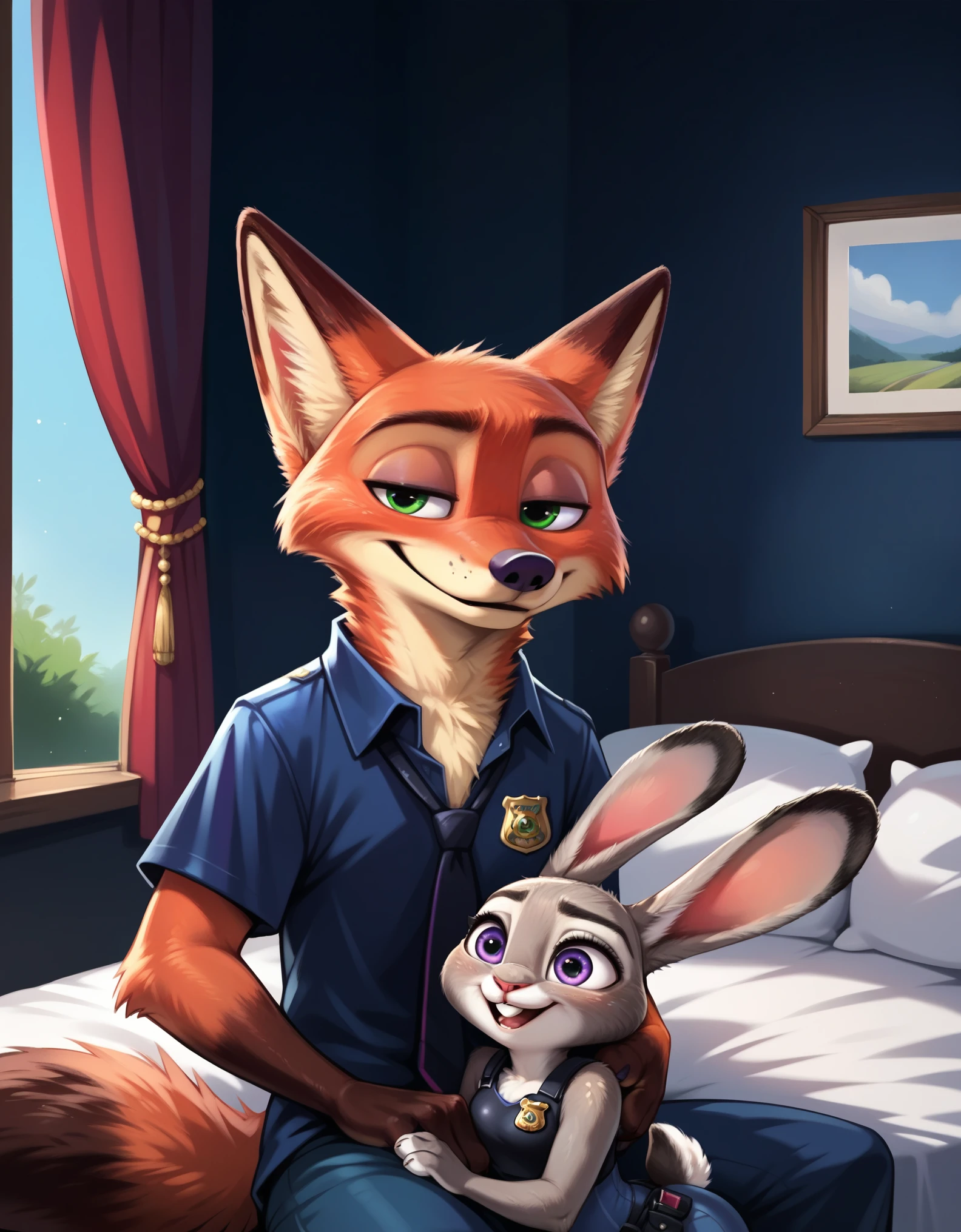 score_9, score_8_up, score_7_up, source_furry, rating_safe, Judyhopps, nick wilde, size difference, bottomless, bed, (judy hopps female), (nick wilde male), 