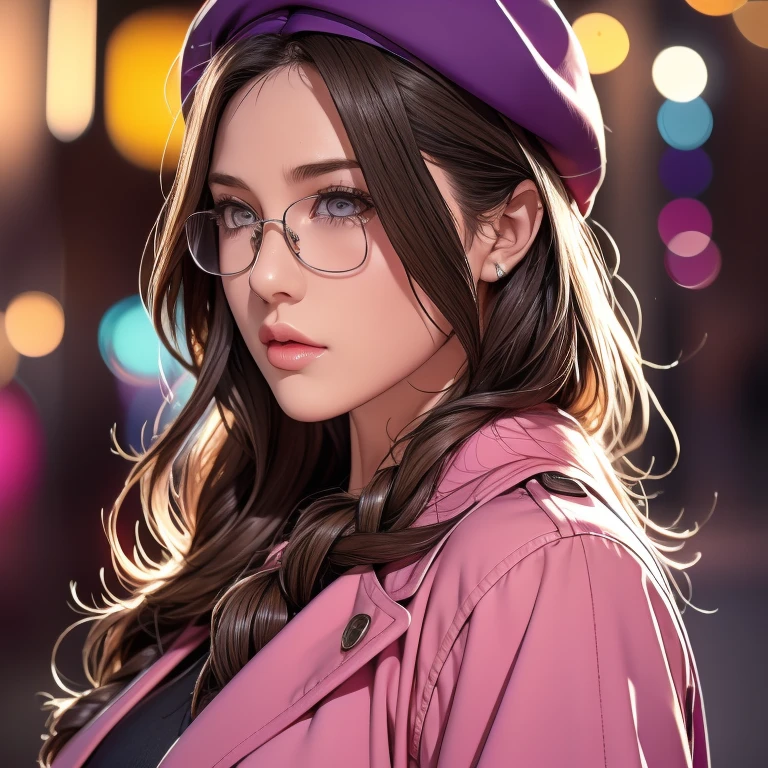 a beautiful detailed eyes, beautiful detailed lips, extremely detailed eyes and face, long eyelashes, 1 girl, fashionable pink trenchcoat, french beret, belt black pants, long hair, city background, pink hair, purple eyes, Yae Miko, trendy sunglasses, best quality, 4k, 8k, highres, masterpiece:1.2, ultra-detailed, realistic, photorealistic, photo-realistic:1.37, HDR, UHD, studio lighting, ultra-fine painting, sharp focus, physically-based rendering, extreme detail description, professional, vivid colors, bokeh, portraits, fantasy