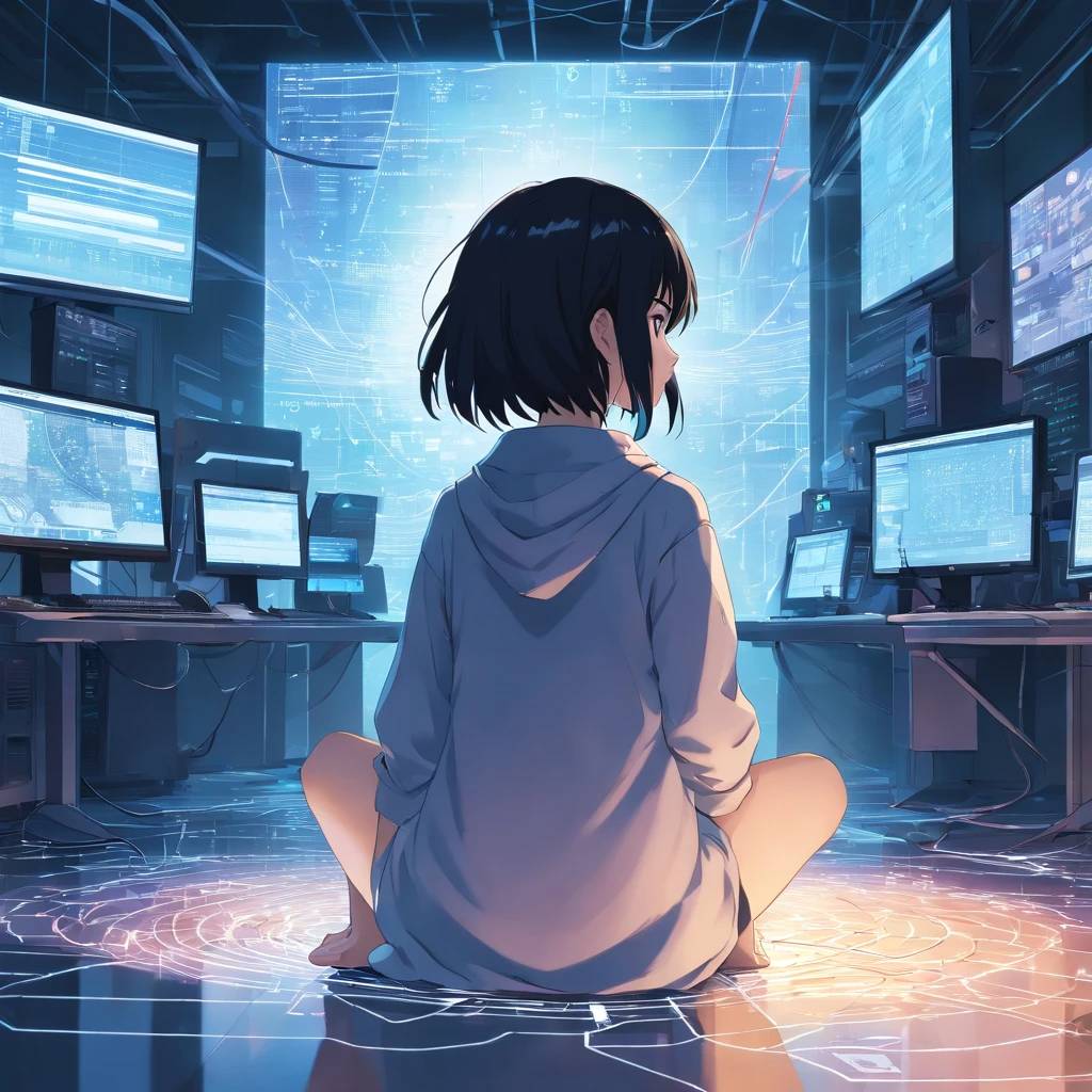 Imagine an anime girl with straight black hair that falls gently to her waist.. His skin is pale and his gaze is intense., reflecting a mix of mystery and determination. She is wrapped in white bandages that cover almost her entire body., leaving only his face and some parts of his limbs exposed. 

The room he is in is shrouded in shadows, illuminated only by the light of computer screens flashing with complex codes and graphics. Cables are scattered on the floor and tables, creating a chaotic labyrinth of technological connections. Screens display cryptic information and futuristic diagrams, suggesting an atmosphere of high technology and mystery. The atmosphere is tense and charged, as if the girl is about to unravel a crucial secret or face an important challenge.