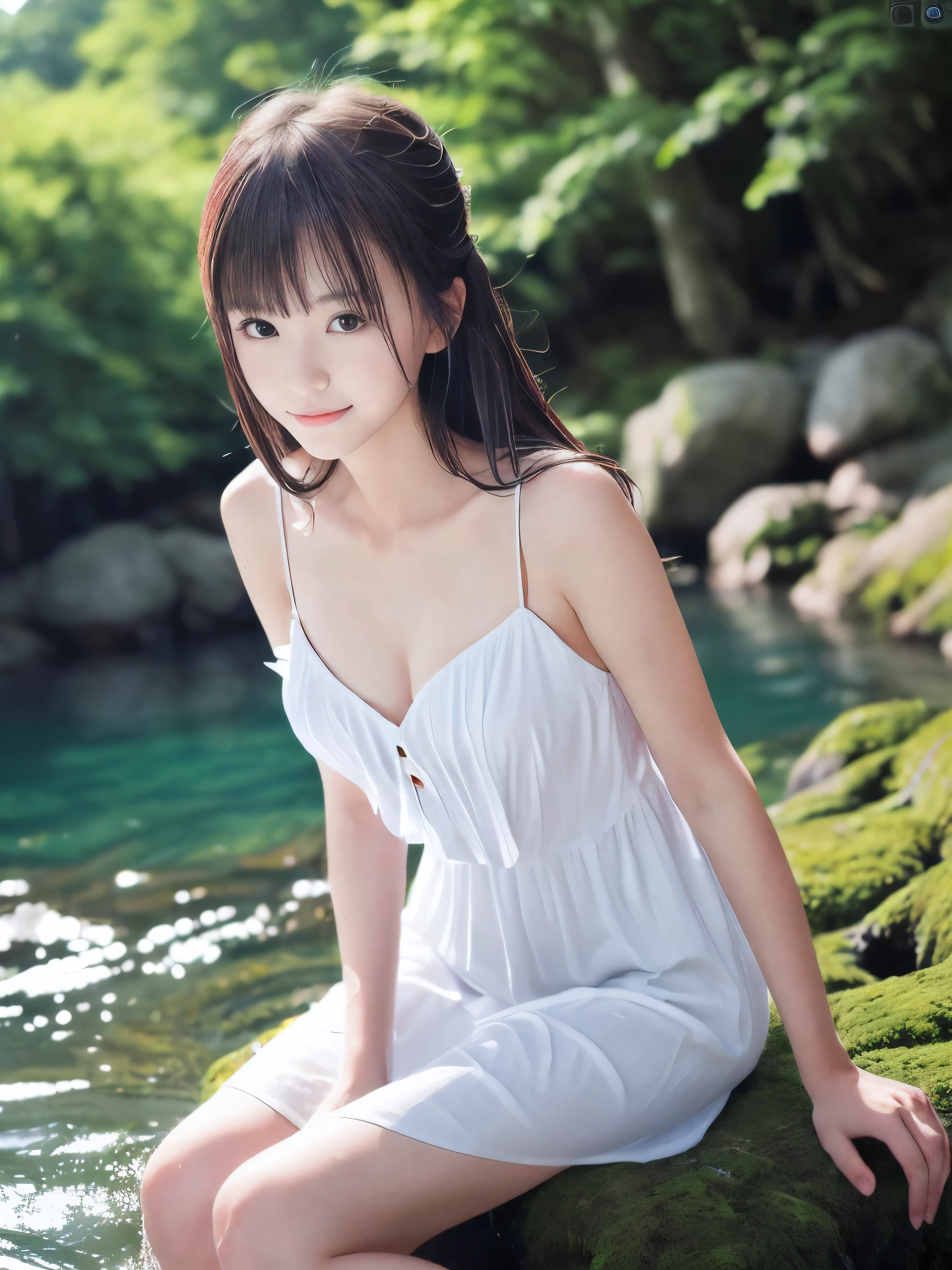 (Portrait of slender small-breasted half up brown long hair with bangs girl wearing a white summer dress:1.5)、(One girl is sitting with small smile in the clear stream and water fall at the forest in Japan:1.5)、(Summer beautiful blue sky and sea:1.5)、(blurred background:1.5)、(8k ultra detailed master piece:1.5)、(perfect anatomy:1.5)、(Photorealistic stick:1.5)、(Raw photo:1.3)、(highest quality:1.5)、(High resolution:1.3)、(Delicate and beautiful perfect face:1.3)、(Delicate and beautiful eye air skin:1.3)、(Real Human Skin:1.3)、((thin legs))