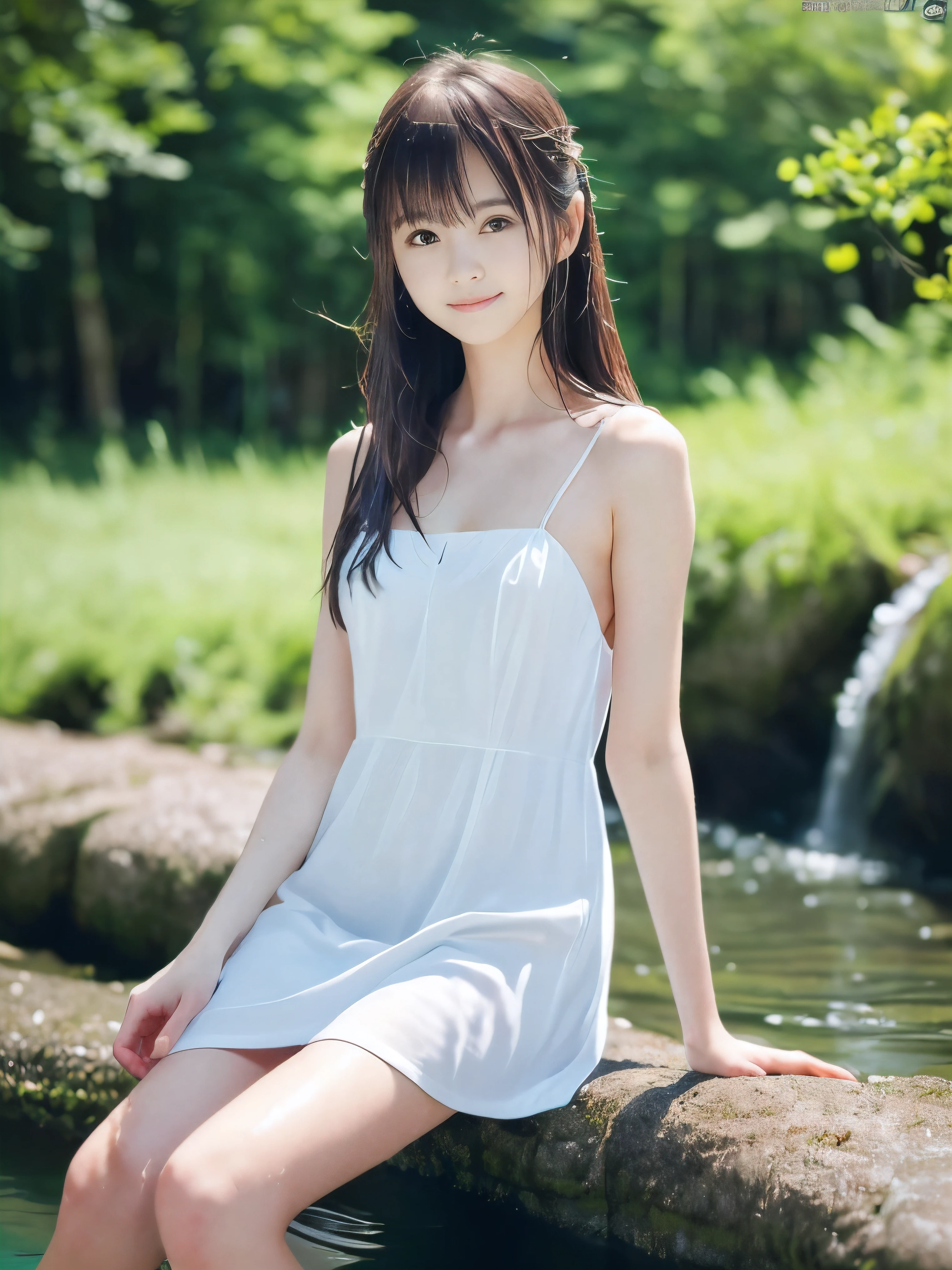 (Portrait of slender small-breasted half up brown long hair with bangs girl wearing a white summer dress:1.5)、(One girl is sitting with small smile in the clear stream and water fall at the forest in Japan:1.5)、(Summer beautiful blue sky and sea:1.5)、(blurred background:1.5)、(8k ultra detailed master piece:1.5)、(perfect anatomy:1.5)、(Photorealistic stick:1.5)、(Raw photo:1.3)、(highest quality:1.5)、(High resolution:1.3)、(Delicate and beautiful perfect face:1.3)、(Delicate and beautiful eye air skin:1.3)、(Real Human Skin:1.3)、((thin legs))