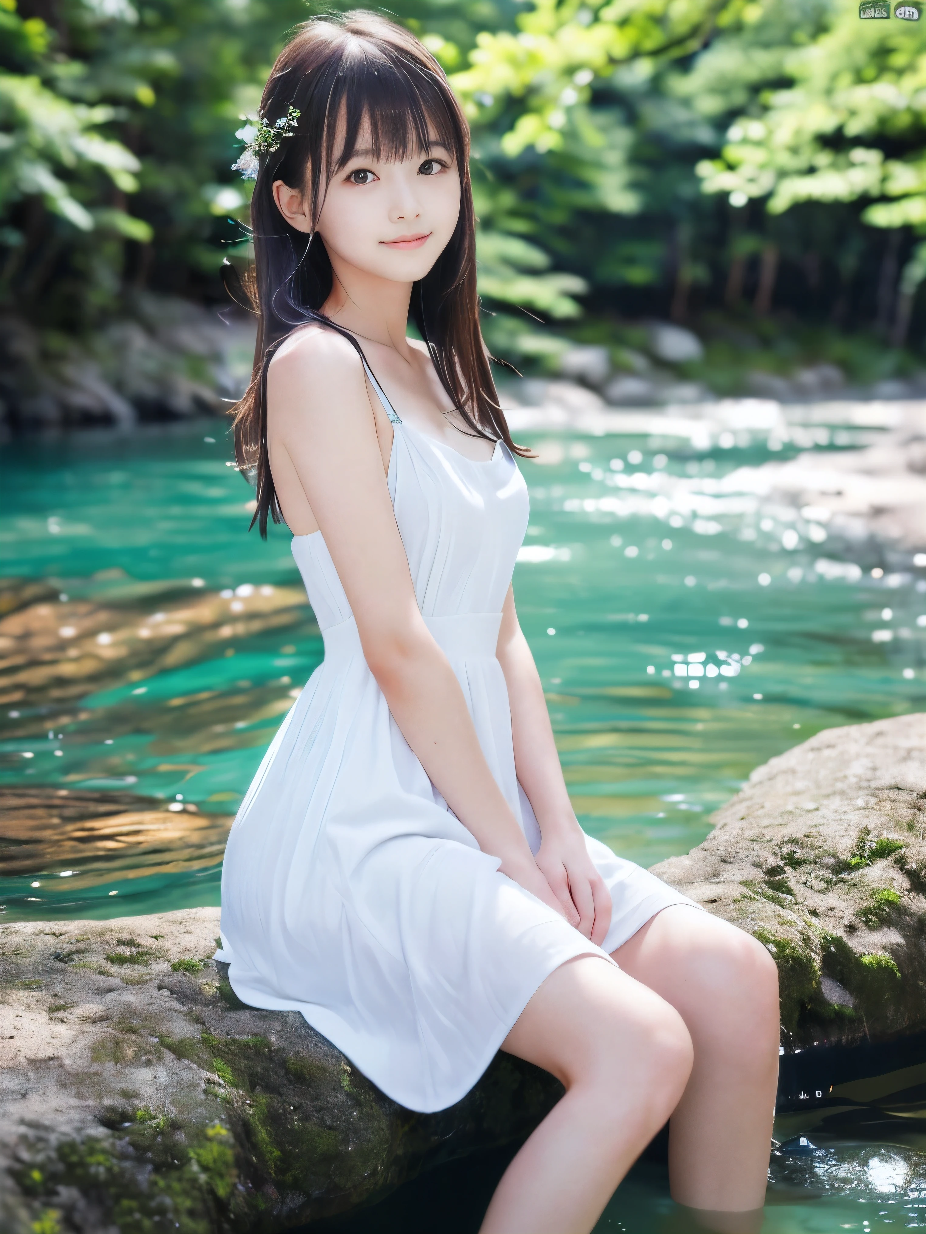 (Portrait of slender small-breasted half up brown long hair with bangs girl wearing a white summer dress:1.5)、(One girl is sitting with small smile in the clear stream and water fall at the forest in Japan:1.5)、(Summer beautiful blue sky and sea:1.5)、(blurred background:1.5)、(8k ultra detailed master piece:1.5)、(perfect anatomy:1.5)、(Photorealistic stick:1.5)、(Raw photo:1.3)、(highest quality:1.5)、(High resolution:1.3)、(Delicate and beautiful perfect face:1.3)、(Delicate and beautiful eye air skin:1.3)、(Real Human Skin:1.3)、((thin legs))
