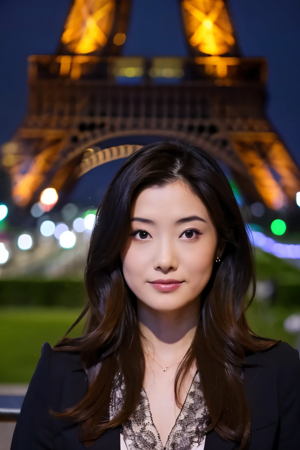 Masterpiece, High-quality, high resolution, 8K, a skinny Japanese woman, 30 years old, standing in front of the Eiffel Tower at night, dressed elegantly, with long, flowing hair and a sophisticated outfit that complements the romantic ambiance of Paris at night, a serene and graceful expression, detailed face, detailed eyes. The Eiffel Tower is illuminated by lights, creating a stunning and iconic backdrop. The background should include the softly glowing lights of the Eiffel Tower, as well as the night sky and surrounding city lights.