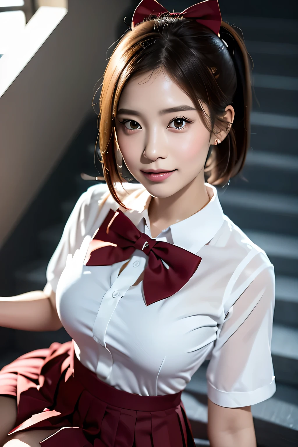 (((School stairs))),(((Angle from below:1.3))),(((Sailor suit))),(((Pleated skirt that exposes skin))),(Dark red bow tie:1.3),Cute Smile,Extreme close up of face,short ponytail hair,Cute angry face,Perfect round face,iris,Floating Hair,Big Breasts.Professional Lighting,Cinematic Light,(Tabletop,Highest quality,Ultra-high resolution output images,) ,(8K quality,),(Picture Mode Ultra HD,)