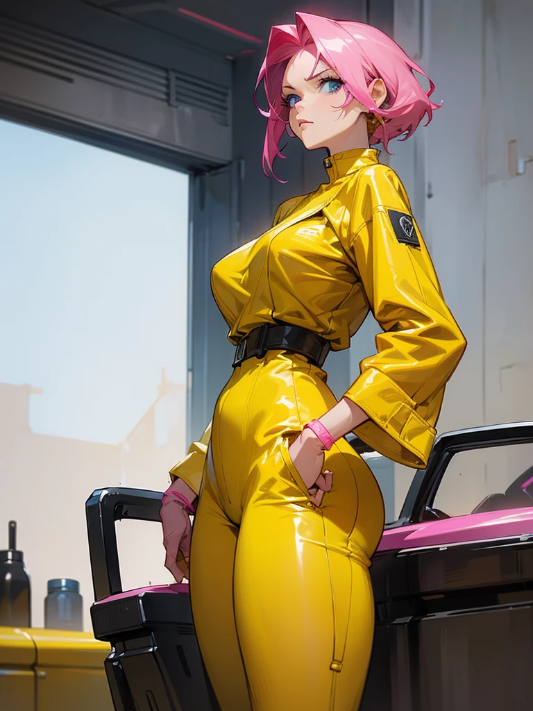 Mature woman with serious look, Facial Focus, big pink hair, shining blue eyes, wearing a mustard yellow jumpsuit, breasts big, looking 35 years old, eye on the spectator, look to the camera, , the background is a cyberpunk battlefield, Free hands, thick-thighs, ((look ahead)), Masterpiece artwork,
