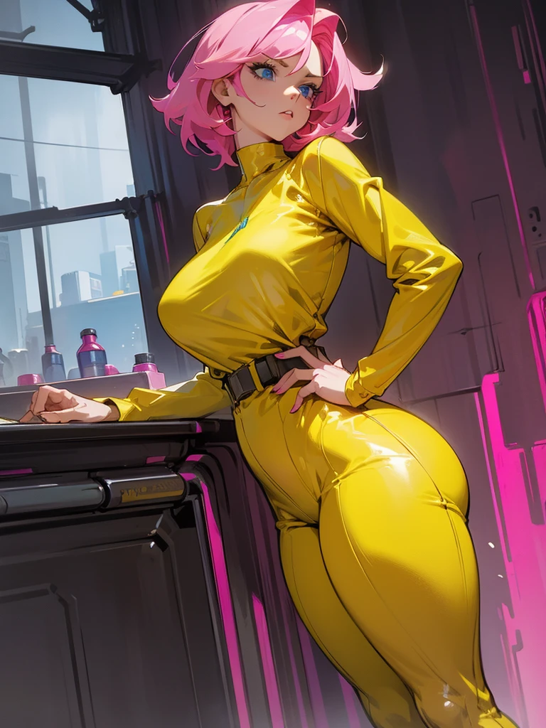 Mature woman with serious look, Facial Focus, big pink hair, shining blue eyes, wearing a mustard yellow jumpsuit, breasts big, looking 35 years old, eye on the spectator, look to the camera, , the background is a cyberpunk battlefield, Free hands, thick-thighs, ((look ahead)), Masterpiece artwork,