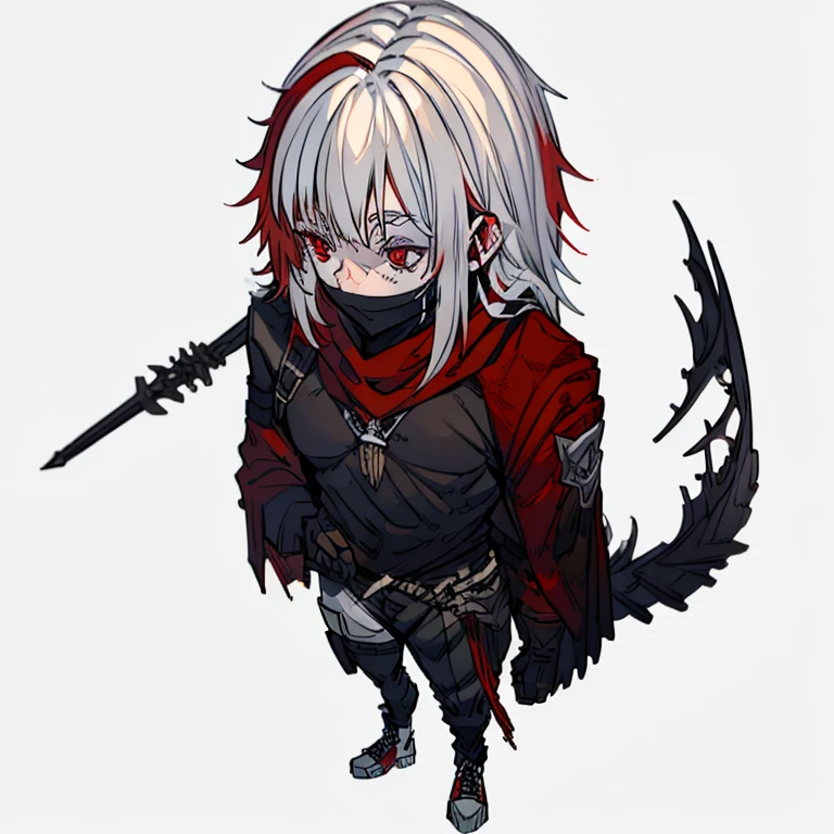 White hair with red highlights, Caucasian skin, big red scarf covering the mouth, white sweatshirt with red details, black gloves with red details, black pants, black shoes with red details, crimson red eyes
