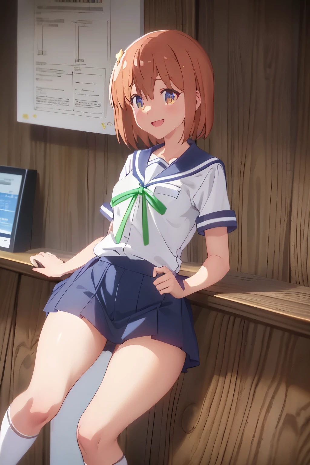 {Highest quality:1.5}, (masterpiece:1.3), High resolution, one person, one personの少女, is open_mouth, アニメ_Coloring, clavicle, White_Knee-high socks, looking at viewer, (Beautiful attention to detail:1.6), Highly detailed face, Highly detailed CG, (Perfect hands), flat chested, Slender, leggy, small breasts, glistening, (open legs:1.5), Sailor suit, Short sleeve_uniform, uniform, green_ribbon, Navy Blue_skirt, White_socks, White knee-high socks, brown_loafers, smile, joyful, big smile, happy smile, heartwarming smile, :d