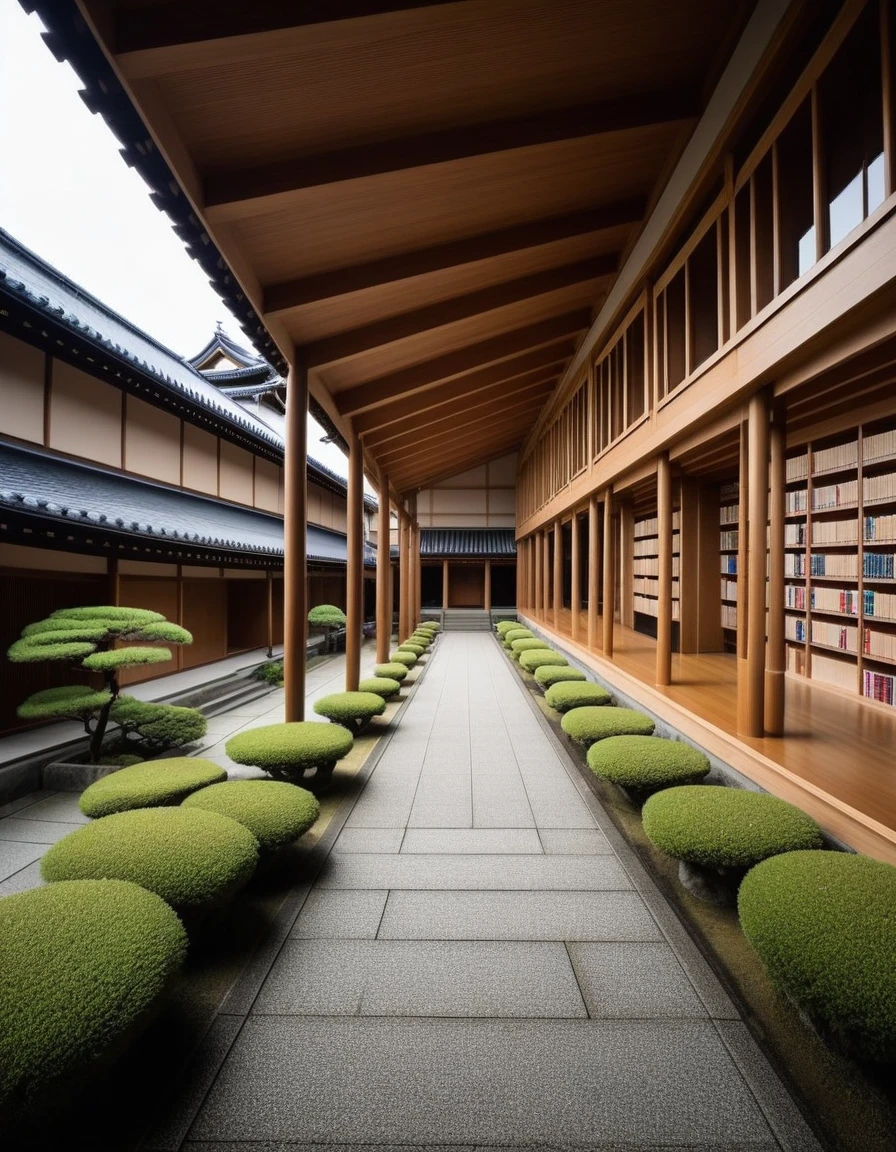 high quality, stylish library in Kyoto,the external appearance of the building,
many buildings are standing.