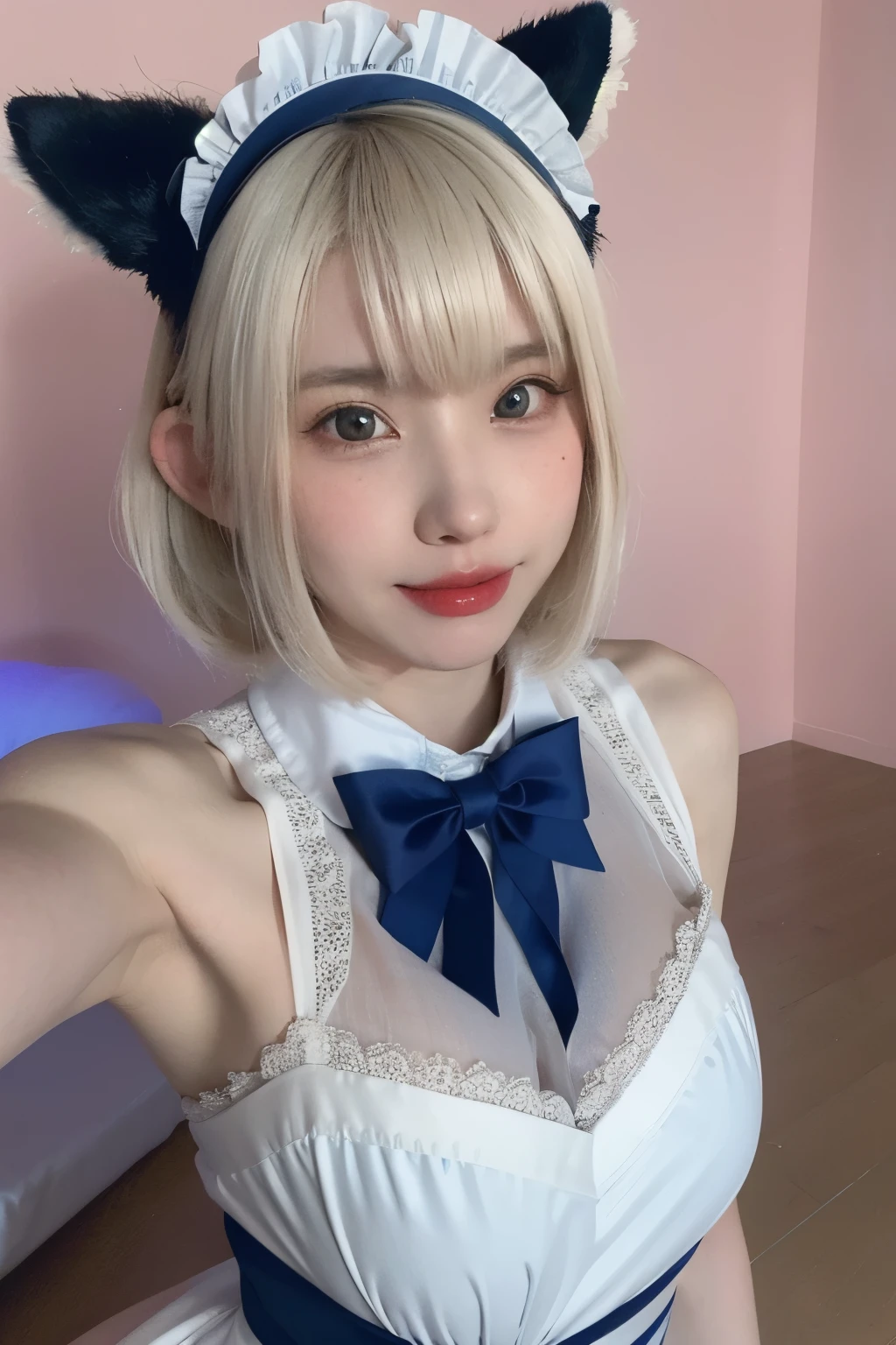 RAW Photo, (8k), (Best Quality: 1.2), (Real), (Real: 1.37), Ultra High Resolution, Young Woman, White Blonde Bob Hair, A young woman is wearing a blue and white maid outfit with lace details and ribbons. She has a blue headband with cat ears and white and purple accessories, and is taking a selfie. The background is a light-colored wall, and she has a cute, slightly blushing expression. Half Korean and half Japanese, 60% Korean, 18 years old, cute, smiling, closed mouth, thick lips, red lips, freckled face, aquiline nose,