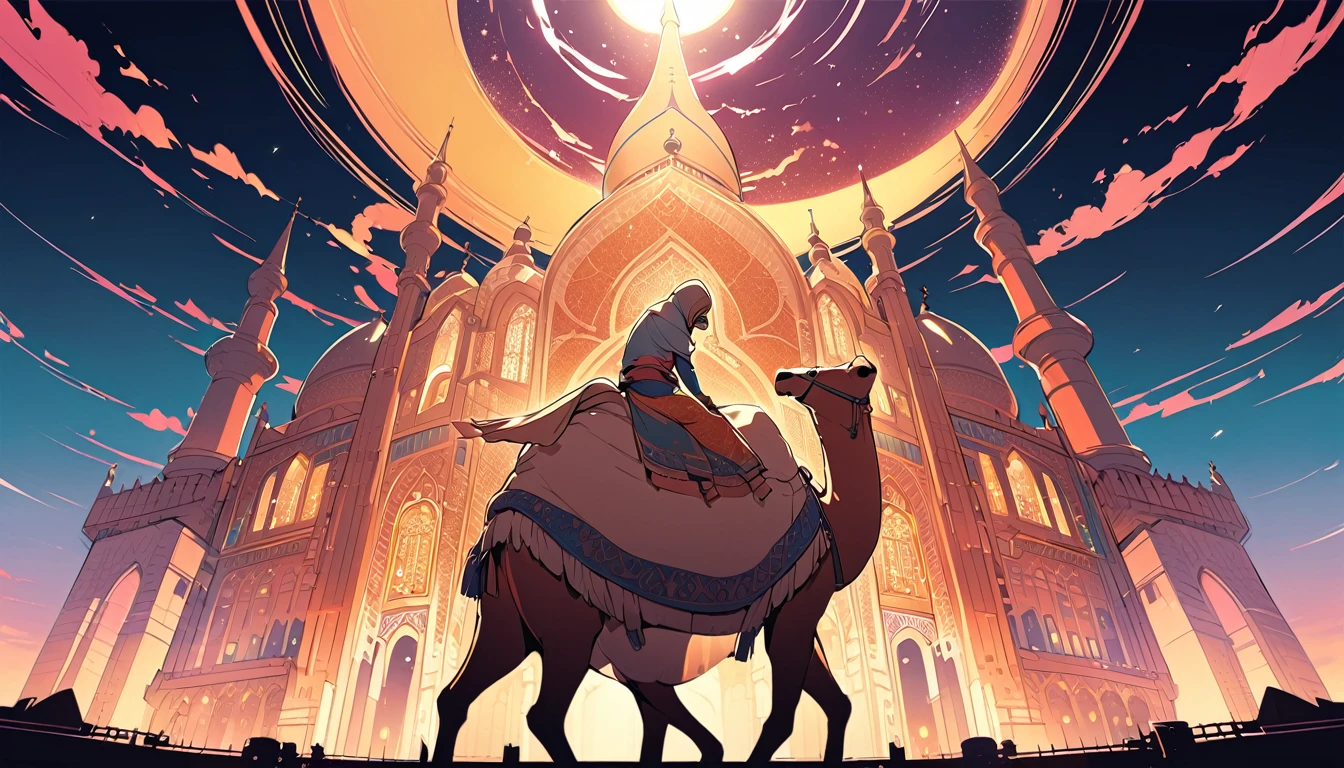 Near a shining oasis、Detailed cartoon illustration of a man wearing traditional arabic costume riding a camel。 In the background、Glamorous architecture、minaret、Depicts an Arabian city with domed buildings。 The soft golden light from the setting sun illuminates the scene.、Creates long shadows and a warm glow。 Created using: Vibrant color palette、Dynamic pose、、Complex Line Drawing、Studio Ghibli Style、Atmospheric perspective、Soft Shading、High Contrast、HD quality、Natural look