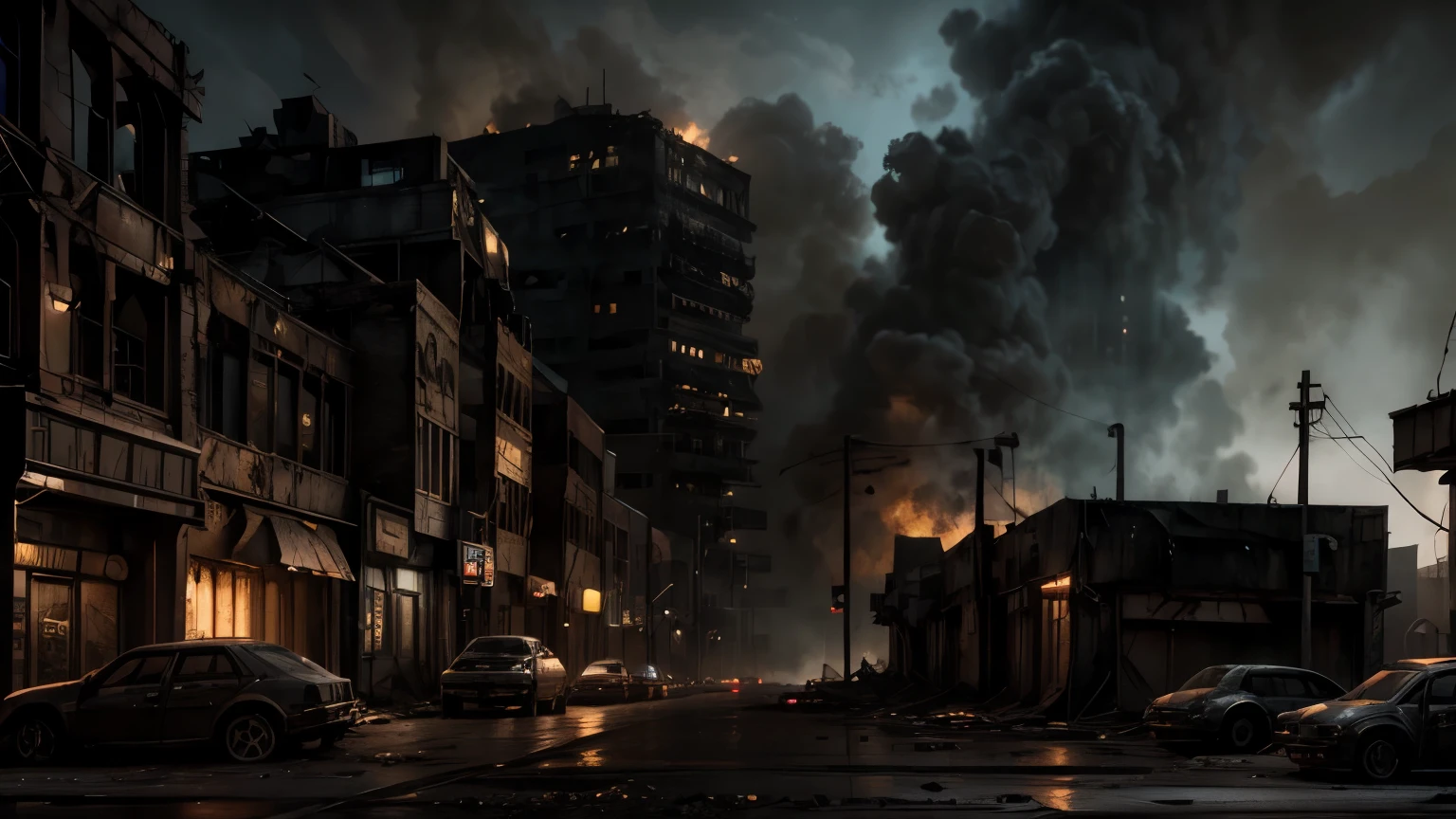 a post-apocalyptic city at night, few burning cars and buildings, desolate and dilapidated, dramatic lighting, cinematic atmosphere, highly detailed, hyper-realistic, 8K, HDR, photorealistic, volumetric lighting, dramatic shadows, gritty, dystopian, moody, cinematic, muted color palette, cool tones, dramatic composition