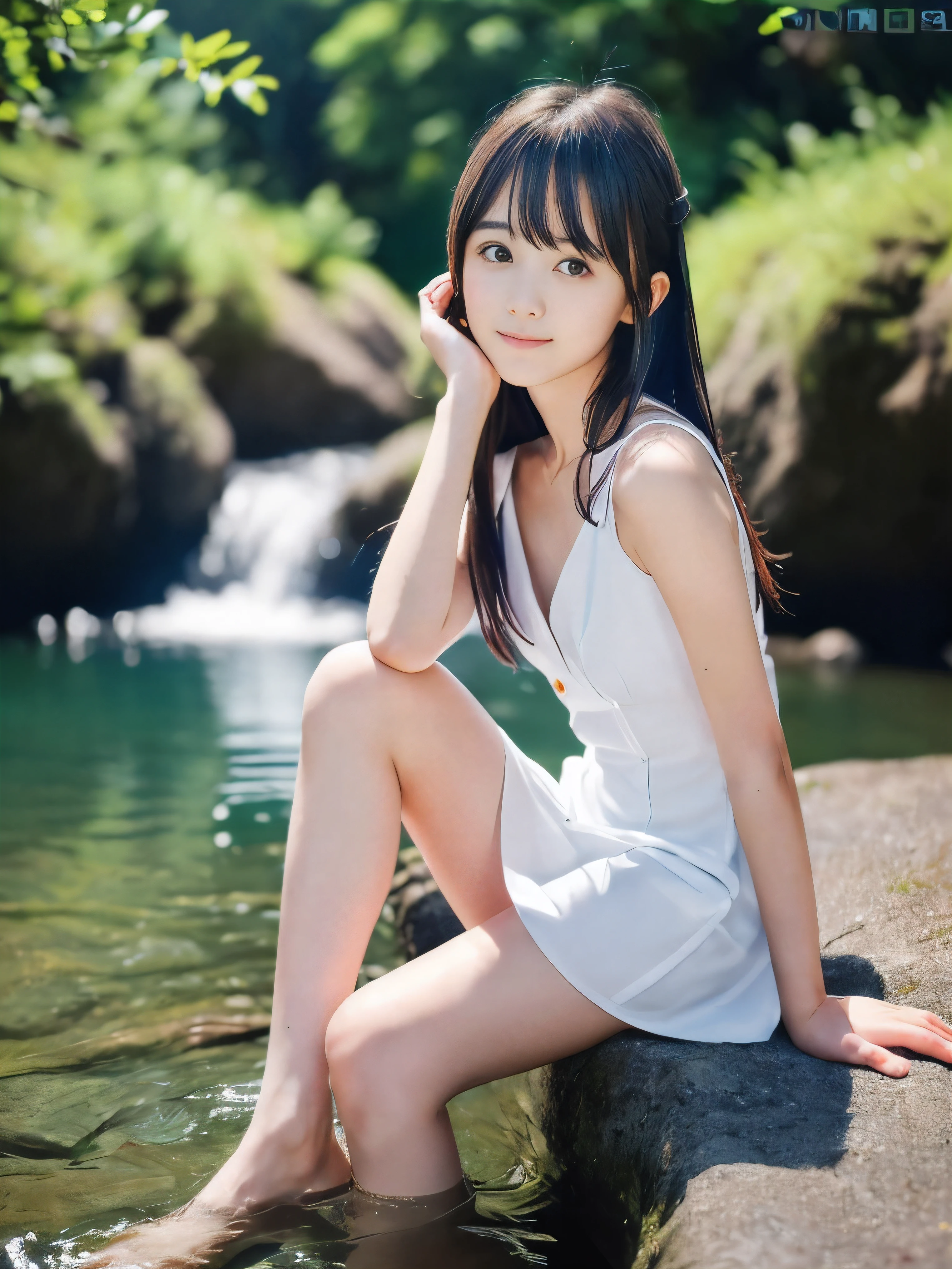 (Portrait of slender small-breasted dark silver long hair with swept bangs girl wearing a white summer dress:1.5)、(One girl is sitting with small smile in the clear stream and water fall at the forest in Japan:1.5)、(Summer beautiful blue sky and sea:1.5)、(blurred background:1.5)、(8k ultra detailed master piece:1.5)、(perfect anatomy:1.5)、(Photorealistic stick:1.5)、(Raw photo:1.3)、(highest quality:1.5)、(High resolution:1.3)、(Delicate and beautiful perfect face:1.3)、(Delicate and beautiful eye air skin:1.3)、(Real Human Skin:1.3)、((thin legs))