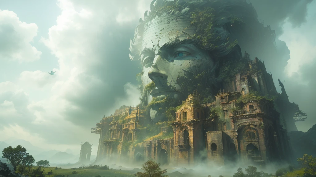 There is a huge statue of a man in the middle of the mountain, Matte Painting of the Human Soul, 3D rendering and matte painting, Mark Simonetti. Wheels within wheels, Fantasy style matte painting, 4K matte painting, 3D rendering matte painting, 8k matte painting, 8K matte painting, Wheels within wheels matte painting, art style of Mark Simonetti