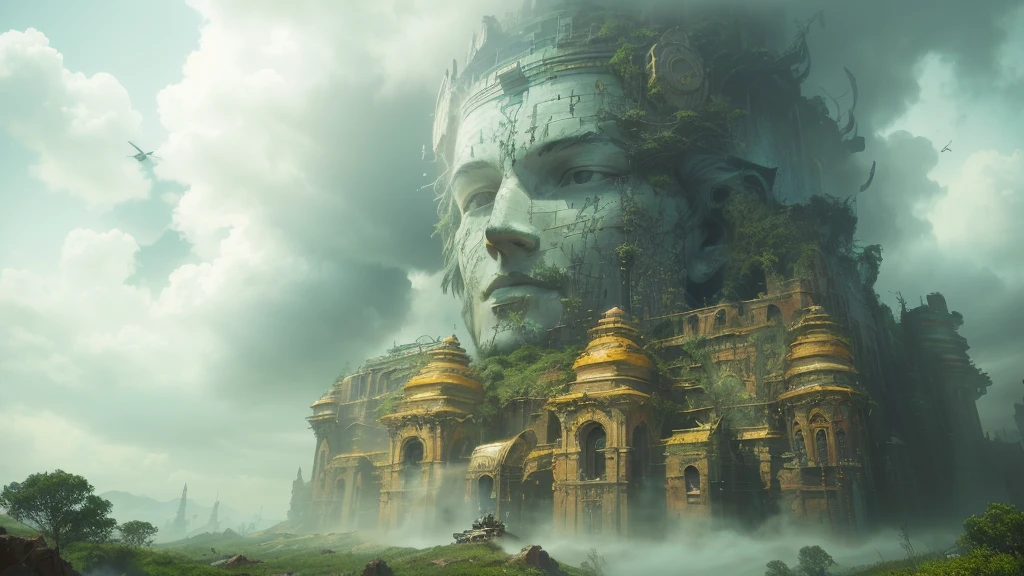 There is a huge statue of a man in the middle of the mountain, Matte Painting of the Human Soul, 3D rendering and matte painting, Mark Simonetti. Wheels within wheels, Fantasy style matte painting, 4K matte painting, 3D rendering matte painting, 8k matte painting, 8K matte painting, Wheels within wheels matte painting, art style of Mark Simonetti