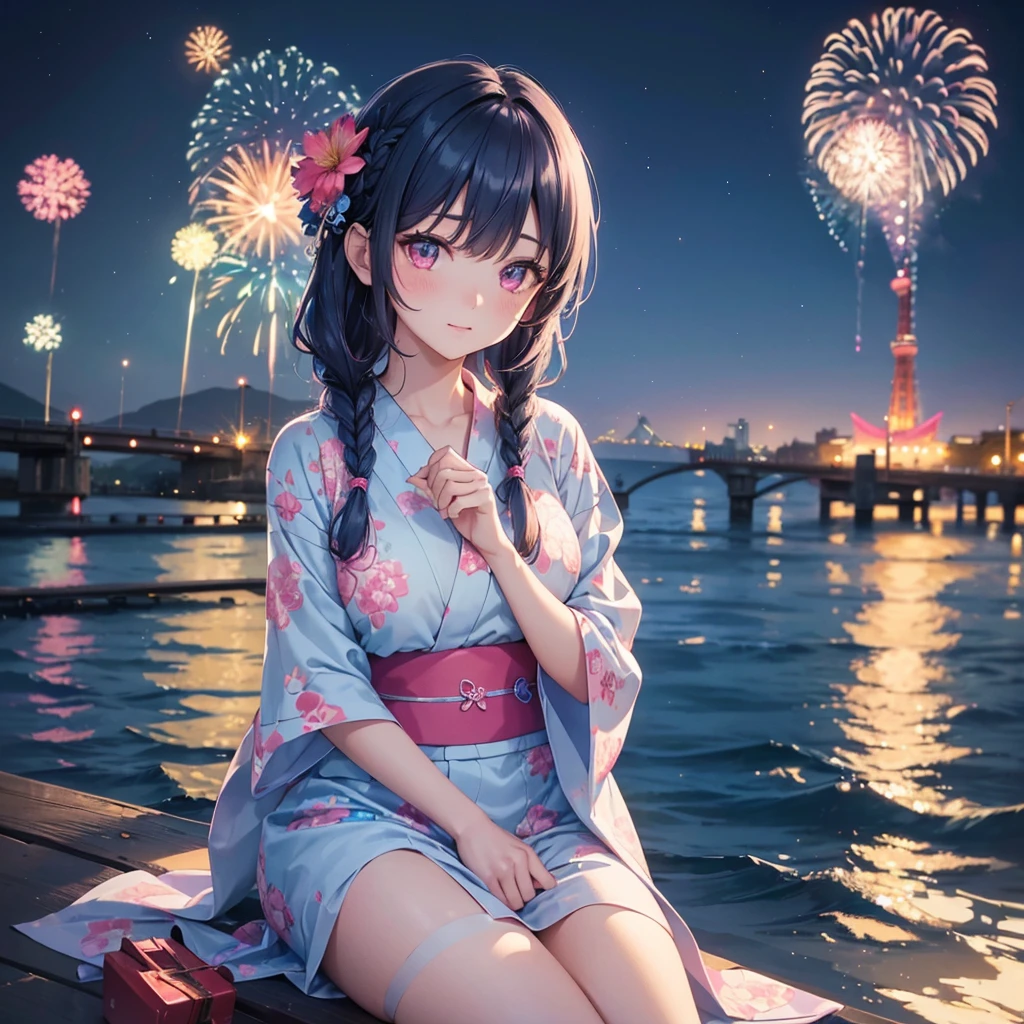 (Sky Blue Medium Hair:1.2), (Braided Hair),(Pink Eyes),Fair skin ,(whole body),(1 girl)、Floral Yukata、summer night、Extra-large fireworks filling the night sky、Huge fireworks launched from the sea、Watching the fireworks while sitting next to each other、Straight bangs,(masterpiece, Highest quality, Very detailed, Best Shadow), (Detailed Background), (Beautifully detailed face), High Contrast, (Best lighting, Very delicate and beautiful), ((Cinematic Light)), colorful, Hyper Detail 8k, Dramatic Light, Intricate details,Fireworks reflected on the water surface、