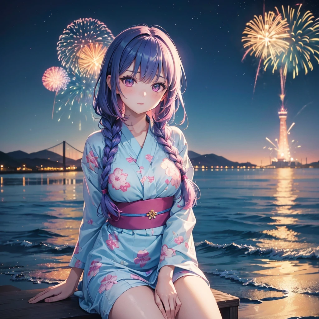 (Sky Blue Medium Hair:1.2), (Braided Hair),(Pink Eyes),Fair skin ,(whole body),(1 girl)、Floral Yukata、summer night、Extra-large fireworks filling the night sky、Huge fireworks launched from the sea、Watching the fireworks while sitting next to each other、Straight bangs,(masterpiece, Highest quality, Very detailed, Best Shadow), (Detailed Background), (Beautifully detailed face), High Contrast, (Best lighting, Very delicate and beautiful), ((Cinematic Light)), colorful, Hyper Detail 8k, Dramatic Light, Intricate details,Fireworks reflected on the water surface、