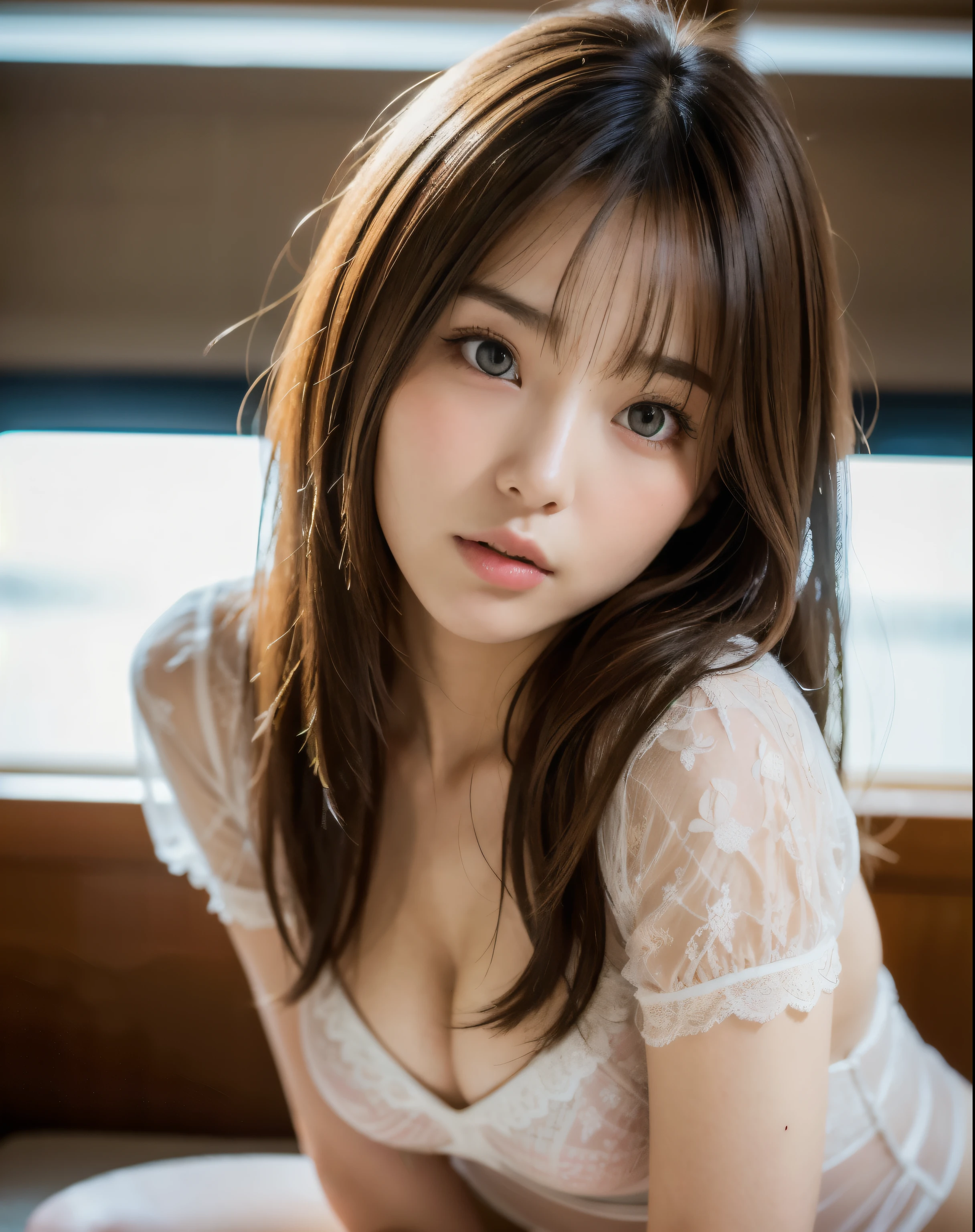 Highest quality, Face Focus, Soft Light, Ultra-high resolution, (Realistic:1.4), RAW Photos,
1 Japanese girl, alone, cute, (pupil, Light in your eyes),  Beautiful face in every detail, (Small Box),(High resolution detail of human skin texture),
(Long Hair),
indoor,Swimwear、、sexy、Childish damask shirt dress,
(Portraiture)